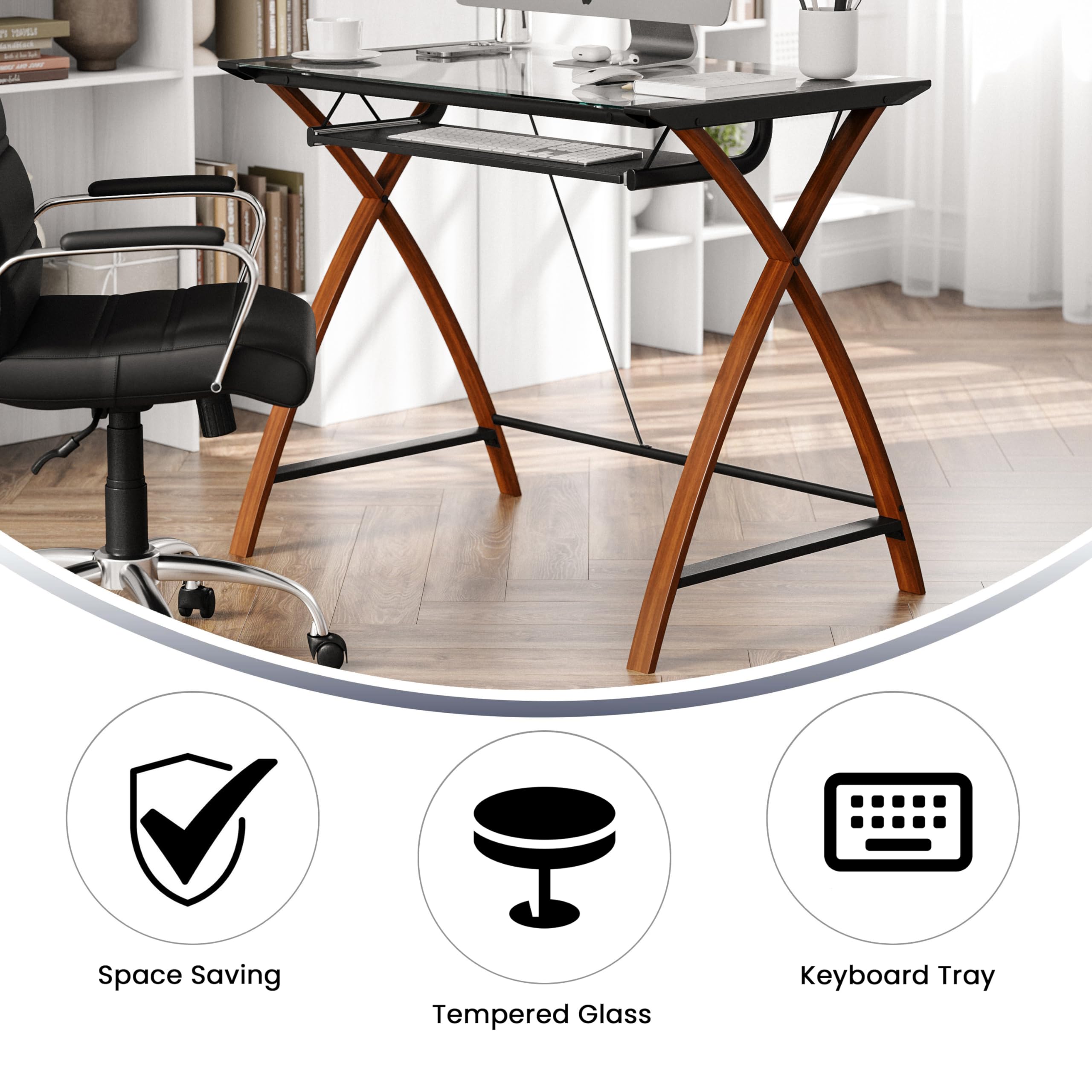 Flash Furniture Jude Tempered Glass Computer Desk with Pull-Out Keyboard Tray & Sturdy Crisscross Frame - Compact Home Office Desk in Cherry/Clear Finish - Perfect for Small Spaces, Gaming & Remote Work