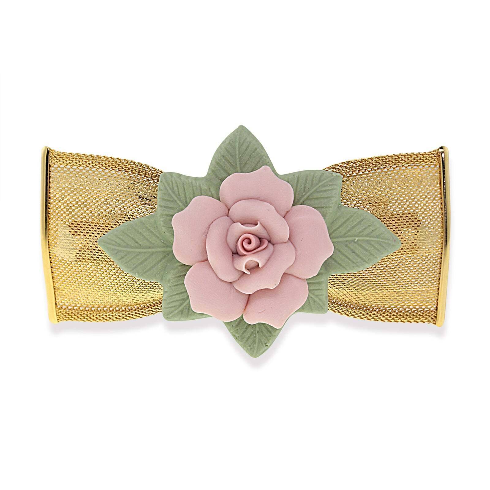 Vintage 1928 Jewelry Large Pink & Green Porcelain Flower Mesh Bow Hair Clip Barrette - Perfect for Weddings, Parties & Special Occasions