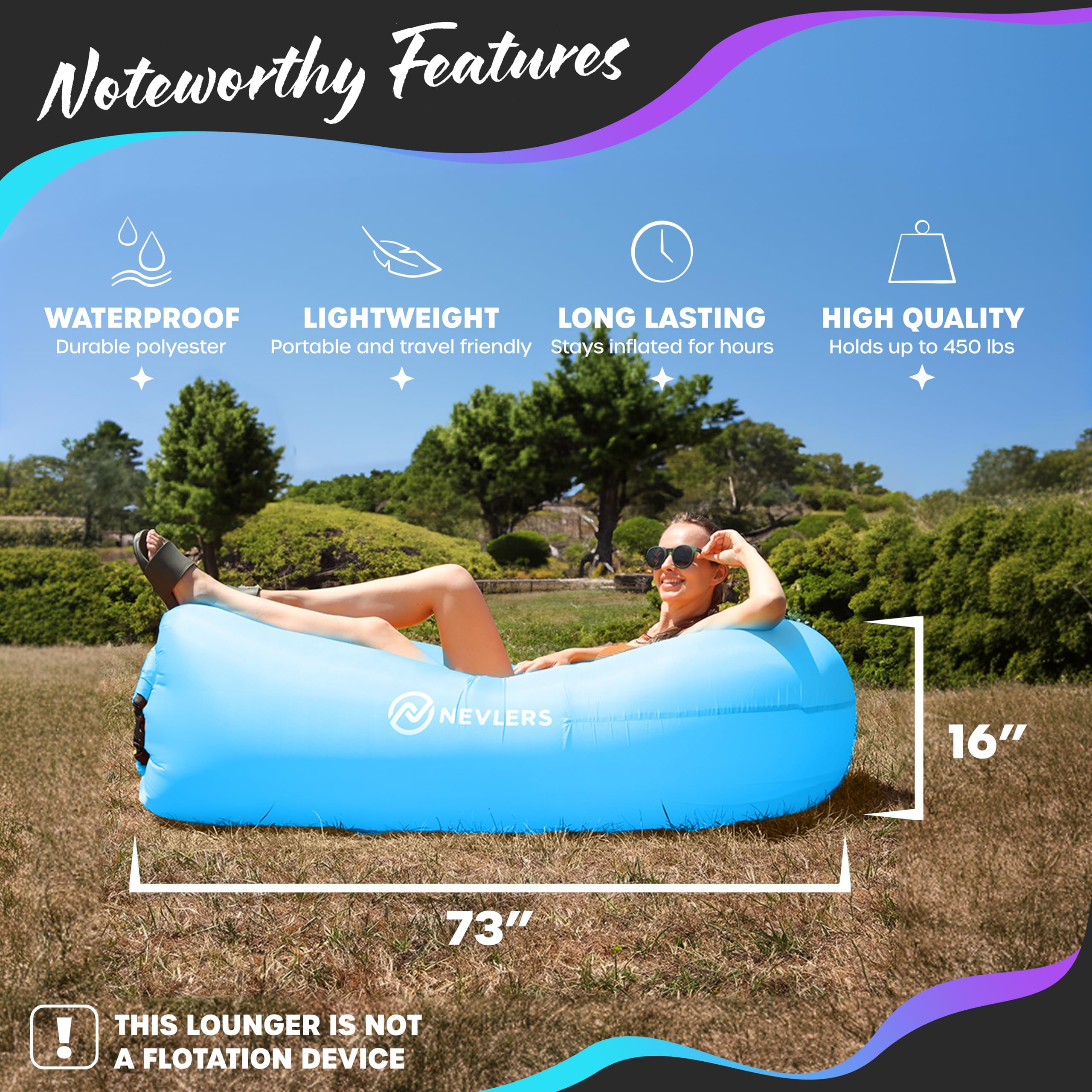 Nevlers 2 Pack Inflatable Loungers Air Sofa Couch - Portable Blow Up Outdoor Furniture for Beach, Camping, Travel & Backyard | Includes Travel Bag, Pegs & Storage Pockets | Perfect for Relaxing, Sunbathing, Picnics & Outdoor Movie Nights