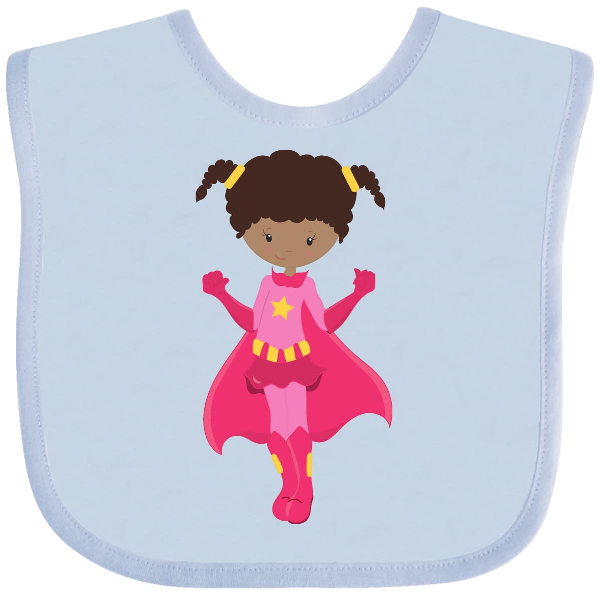 Inktastic Superhero Girl African American Baby Bib with Pink Cape - Soft Cotton Bib for Toddlers, Infants - Perfect for Feeding, Mealtime, Messy Play & Superhero Dress Up