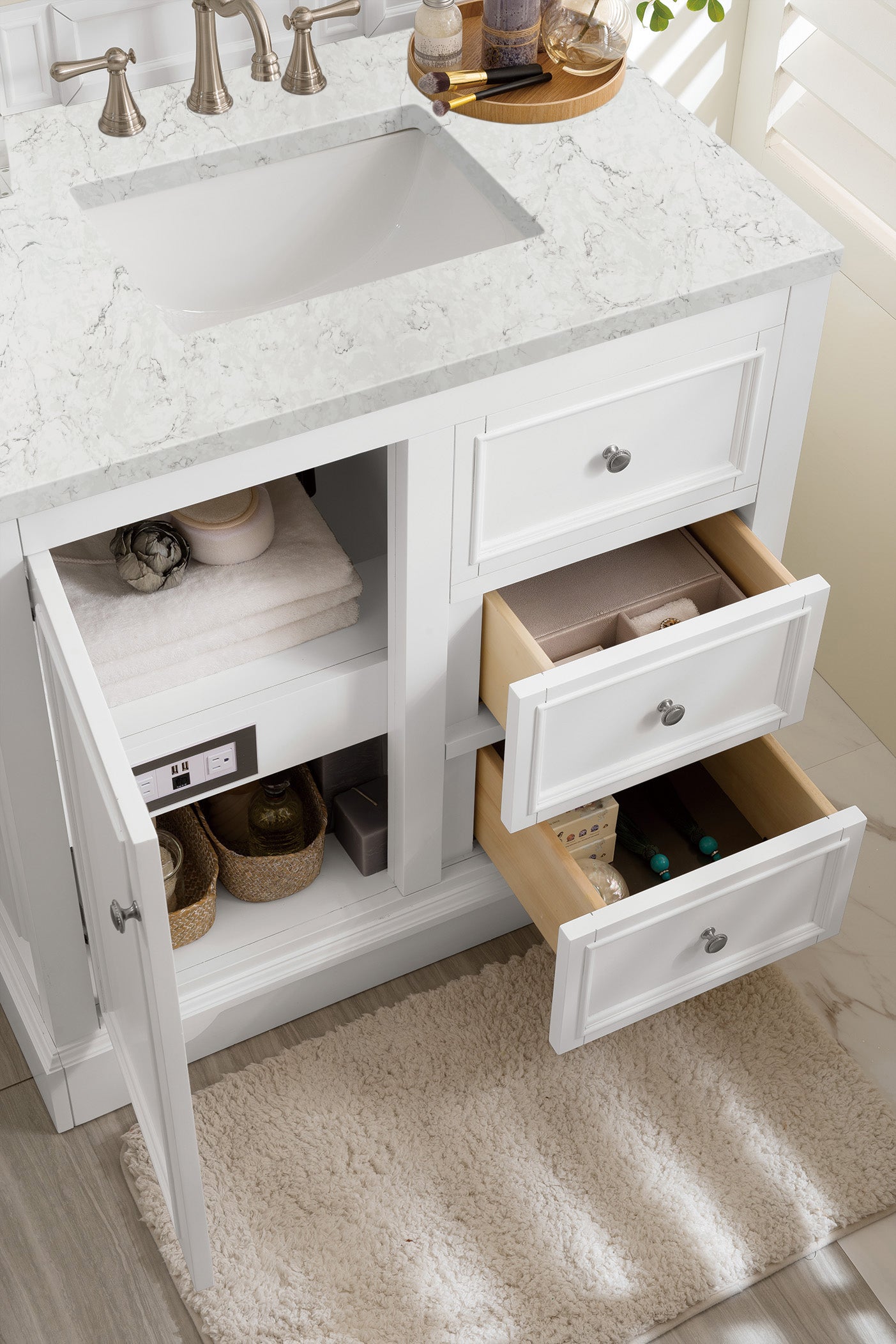 De Soto 36 Inch Single Bathroom Vanity Set - Bright White Finish with 3CM Eternal Jasmine Pearl Quartz Countertop - Perfect for Modern Bathroom Remodeling & Small Space Design
