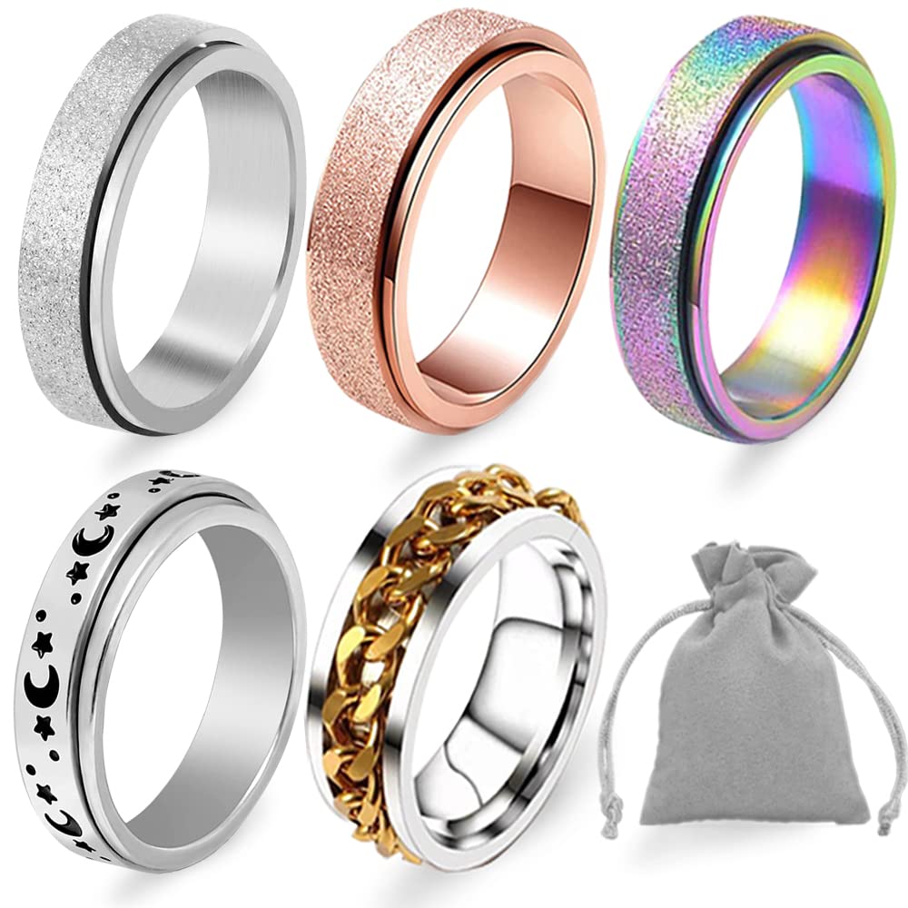**Anxiety Relief Fidget Ring for Women & Men - Stainless Steel Spinner Ring Set (5 Pcs, 6mm) - Stress Relief, Focus Aid & Sensory Toy for ADHD, Anxiety & OCD - Perfect for Office, Travel & Daily Wear**