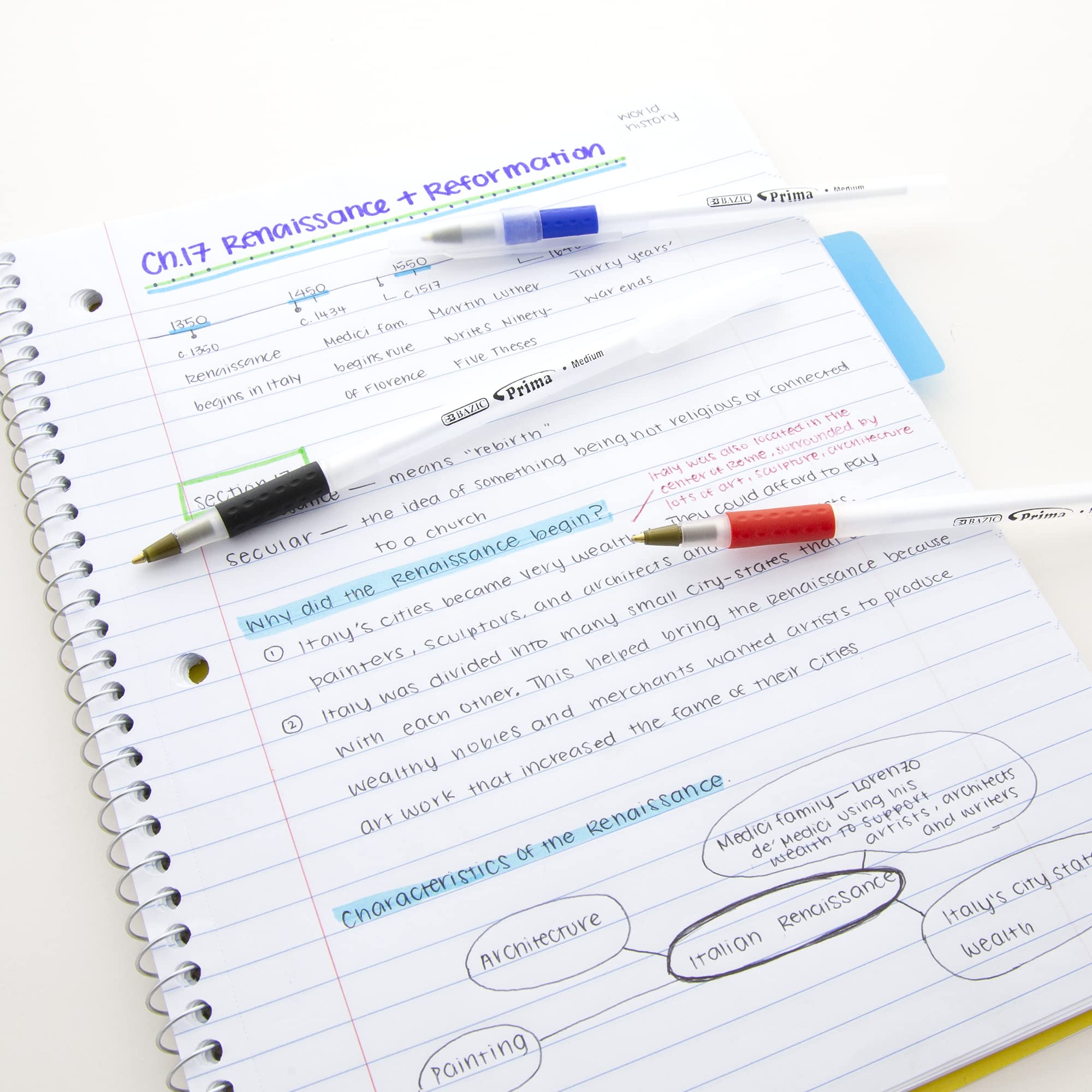 BAZIC Ballpoint Pens, 1.0mm Bold Point, Smooth Writing with Soft Grip - Black, Blue, Red (8/Pack, 24-Pack) for Office, School, Teacher, Note Taking & Everyday Use