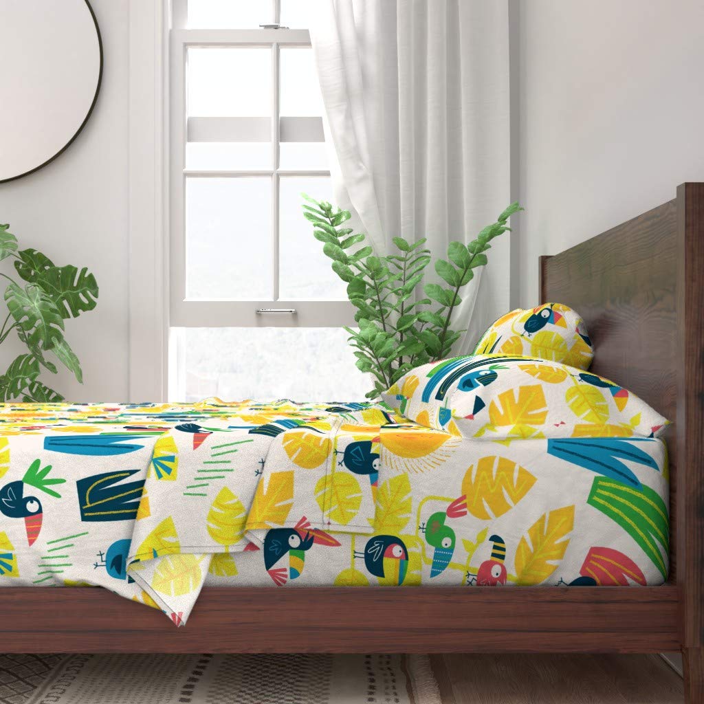 100% Cotton Twin Sheet Set 3pc - Tropical Toucan & Palm Leaves Bohemian Print Custom Bedding | Soft Breathable Bed Sheets for Kids, Teens & Guest Rooms (Toucan Bird Kawaii Animal Botanical Design)