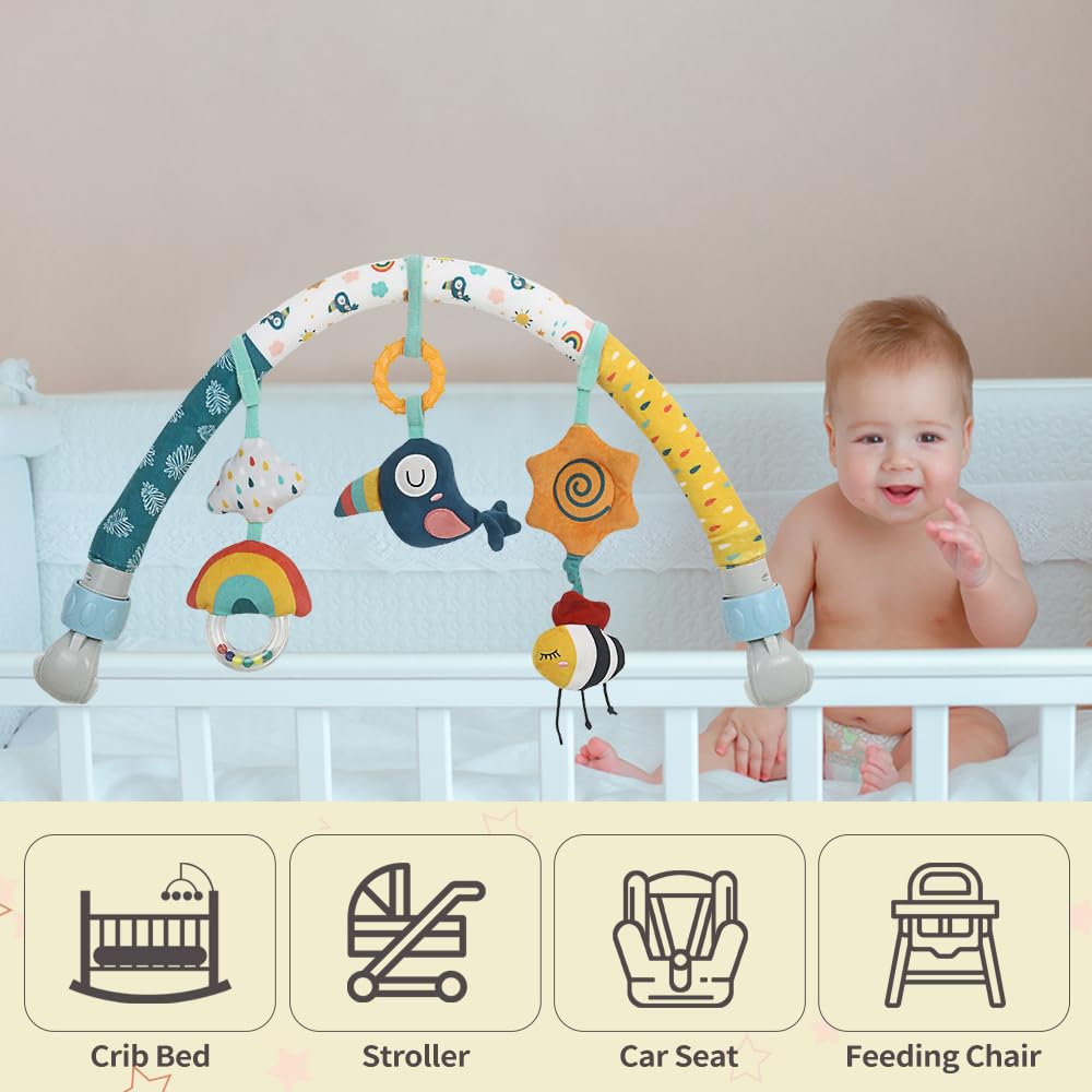 Caterbee Baby Bouncer Toy Bar - Stroller & Crib Activity Arch with Dangling Toys for Infants & Toddlers (Sky Blue) | Perfect for Strollers, Bassinets, and Travel Entertainment