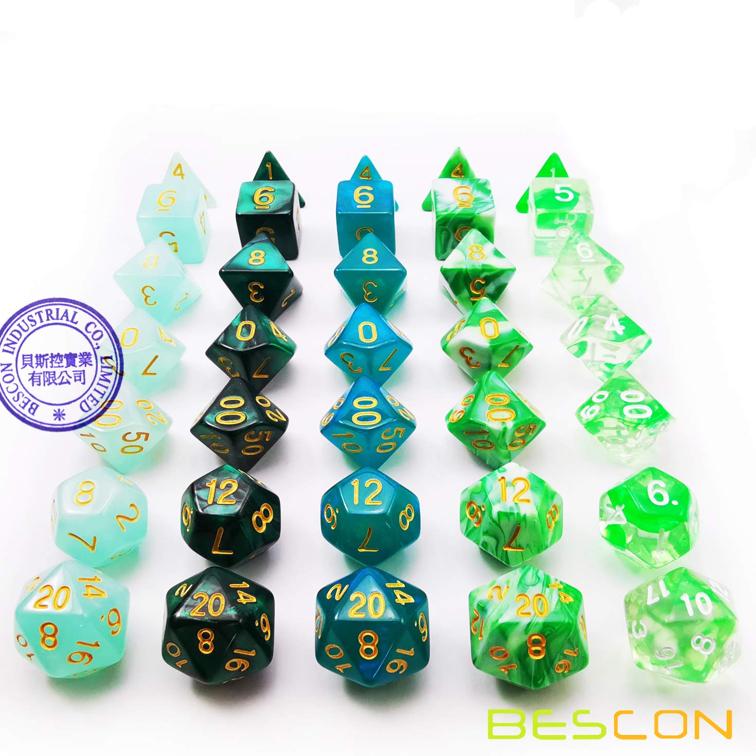 Bescon 35-Piece Polyhedral RPG Dice Set in Emerald Green - Perfect for DND, Dungeons & Dragons, Pathfinder Role Playing Games - Includes 5 Complete 7-Dice Sets for Tabletop Gaming & Collectors