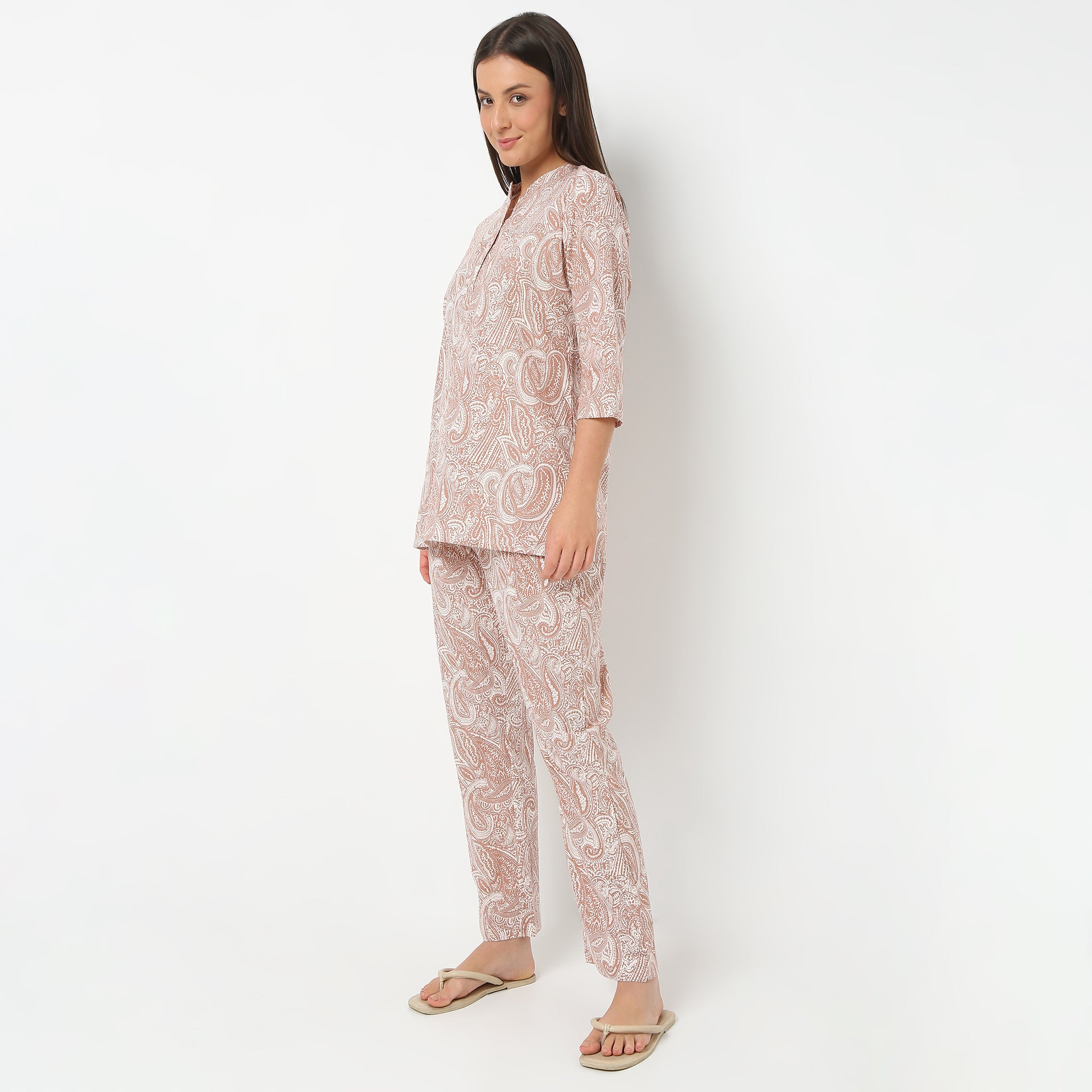 Stylish Band Collar 3/4 Sleeve Printed Jaipuri Top & Pyjama Sleepwear Set - Comfortable Cotton Loungewear for Women | Perfect for Home Relaxation, Yoga & Sleep