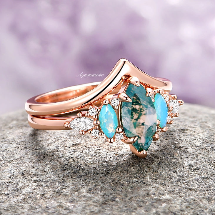 Emerie Moss Agate & Opalescent Sapphire Ring Set in 14K Rose Gold Vermeil - Elegant Stackable Rings for Women, Perfect for Weddings, Anniversaries & Everyday Wear
