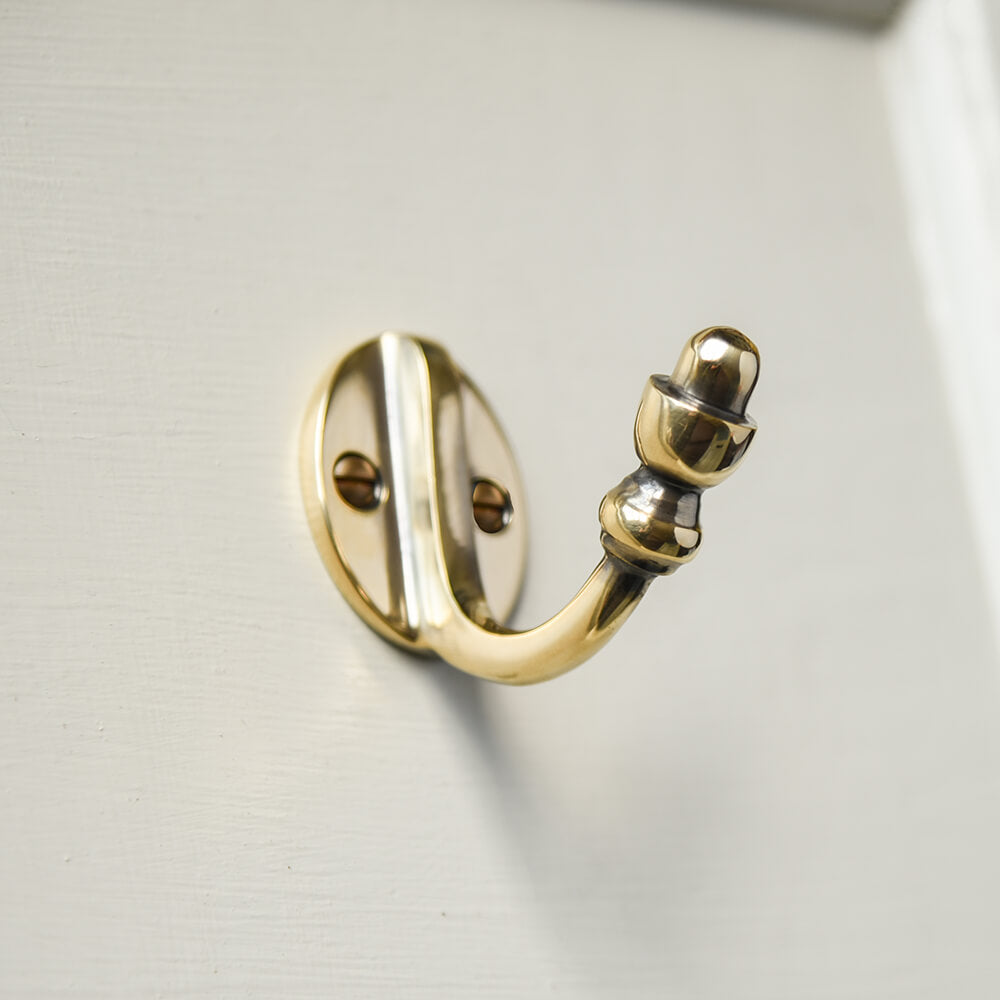 Vintage Polished Antique Brass Wall Coat Hook - Heavy Duty Single Hook for Hats, Robes & Coats - Perfect for Entryway, Bathroom & Bedroom Organization