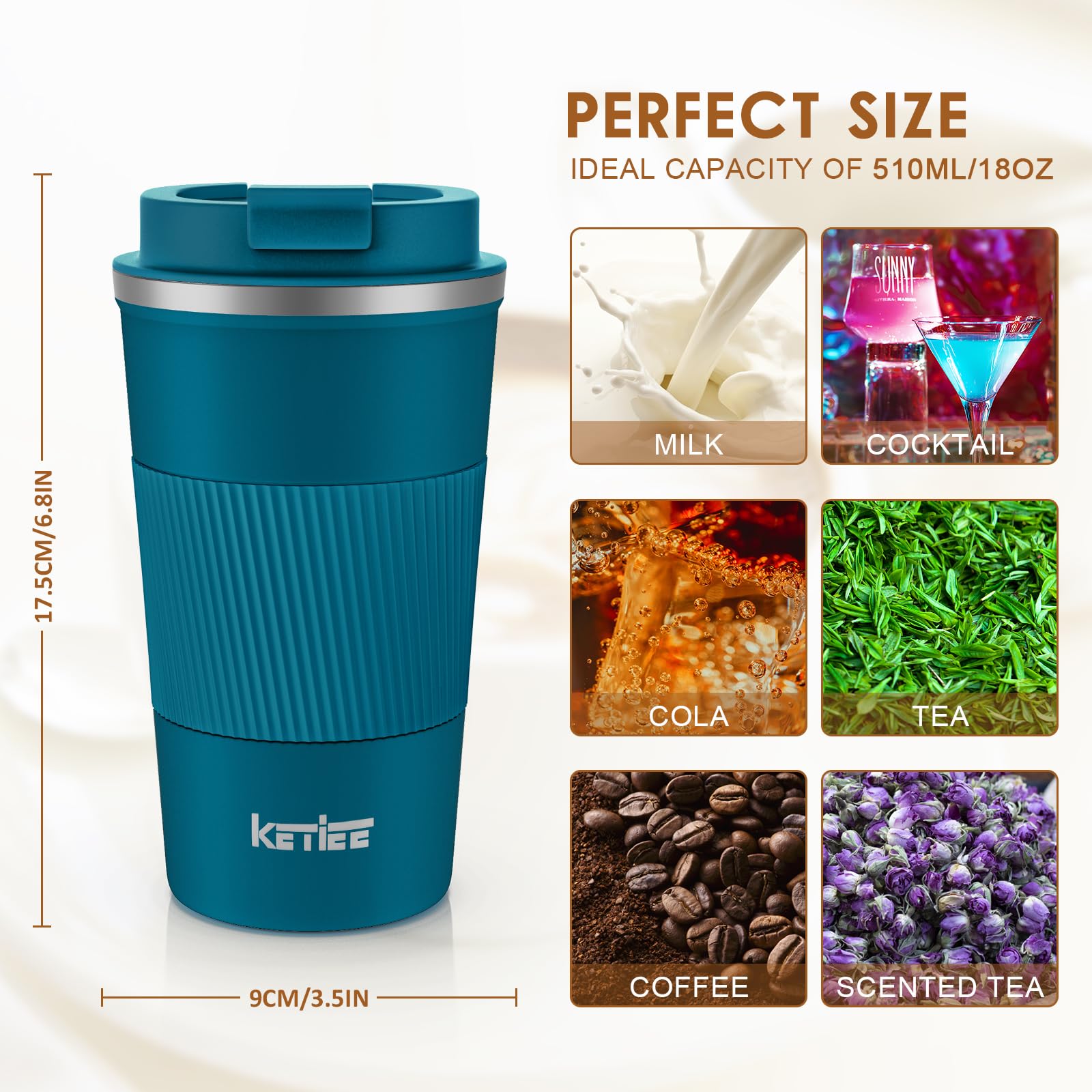 KETIEE 12oz Insulated Stainless Steel Travel Coffee Mug - Leakproof Lid, Vacuum Sealed for Hot & Cold Drinks, Reusable Coffee Tumbler for Commuting, Camping & Office (Blue) - Perfect for Coffee, Tea & Smoothies On-The-Go
