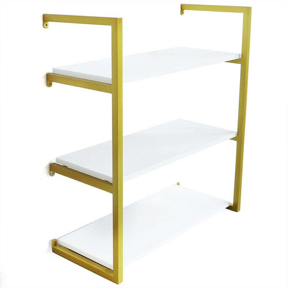 TFCFL 3-Tier Wall-Mounted Floating Shelves - Gold Metal & Wooden Board Storage Rack for Books, Decor & Organizing | Perfect for Kitchen, Study, Living Room, Bedroom & Bathroom Storage Solutions