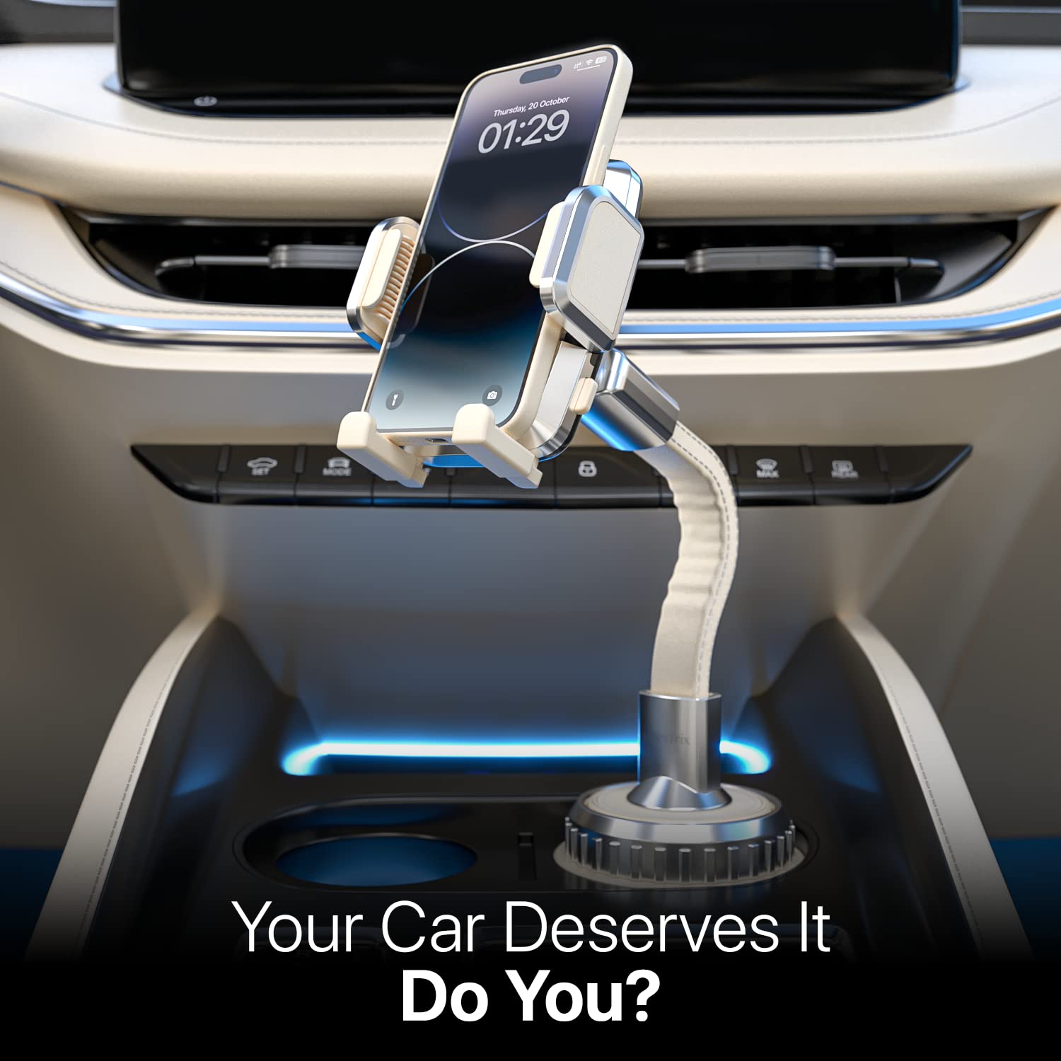 Premium Leather Car Cup Holder Phone Mount - Universal Fit for iPhone, Samsung & Android up to 6.7