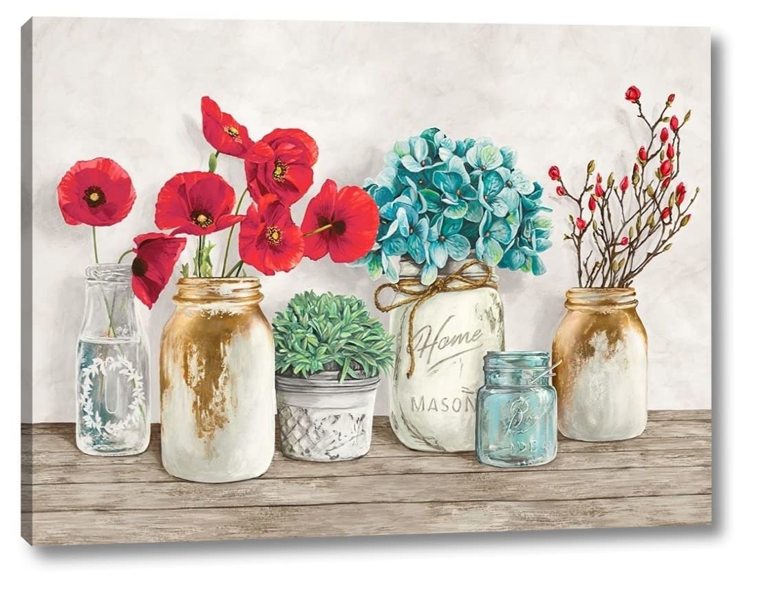 Thomlinson Jenny Floral Mason Jar Canvas Art Print - 29x38 Inch Gallery Wrapped Wall Decor - Ready to Hang for Living Room, Bedroom & Office