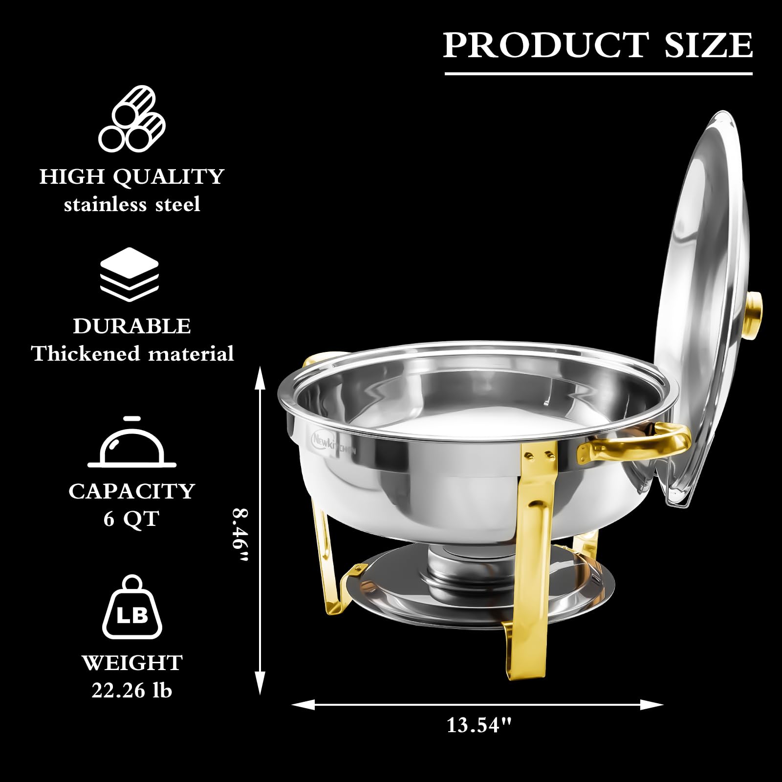 4-Pack 6QT Round Stainless Steel Chafing Dishes for Buffet - Elegant Gold & Silver Serving Set for Catering, Weddings, Parties & Events | Keep Food Warm at Receptions, Banquets & Buffet Lines