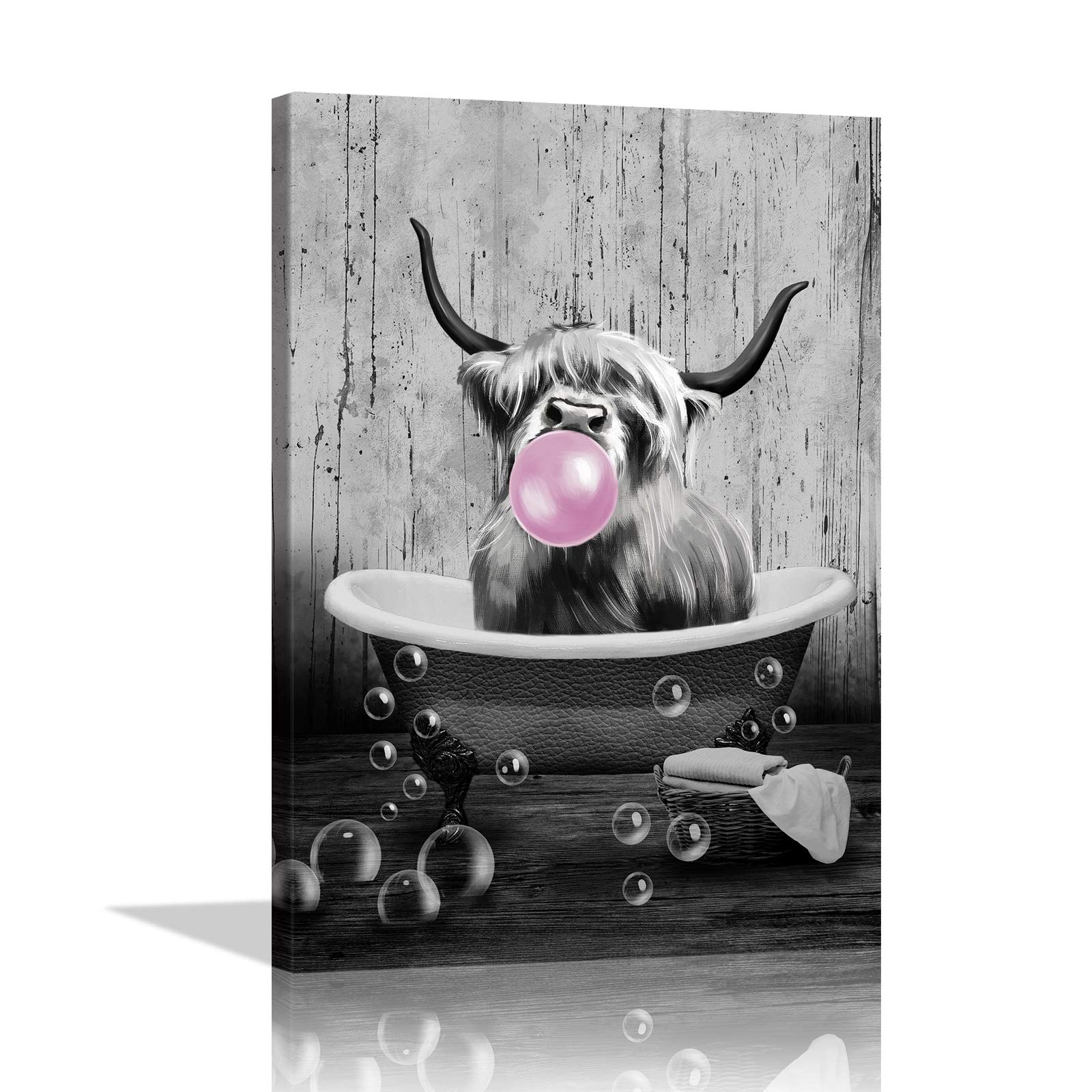 Funny Highland Cow Wall Art - Pink Bubble Bathroom Decor, 16x24 Inch Framed Canvas for Bathroom & Bedroom