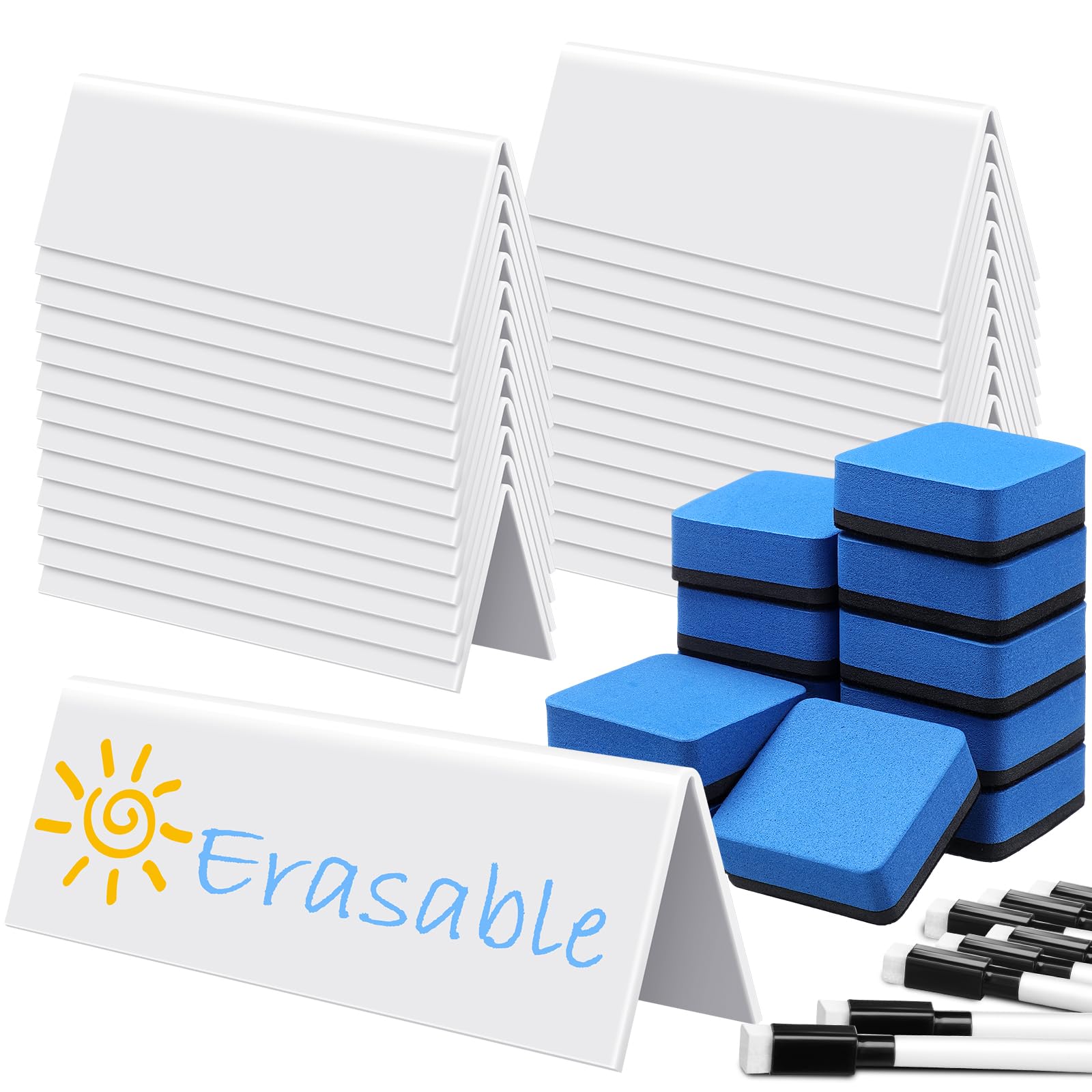 Seajan 48-Pack Reusable Dry Erase Name Tent Cards with Black Markers & Eraser - 8.66 x 1.97 x 2.76 Inch White Name Plates for Meetings, Weddings, Office, Classroom & Events - Perfect for Conferences, Training Sessions & Networking