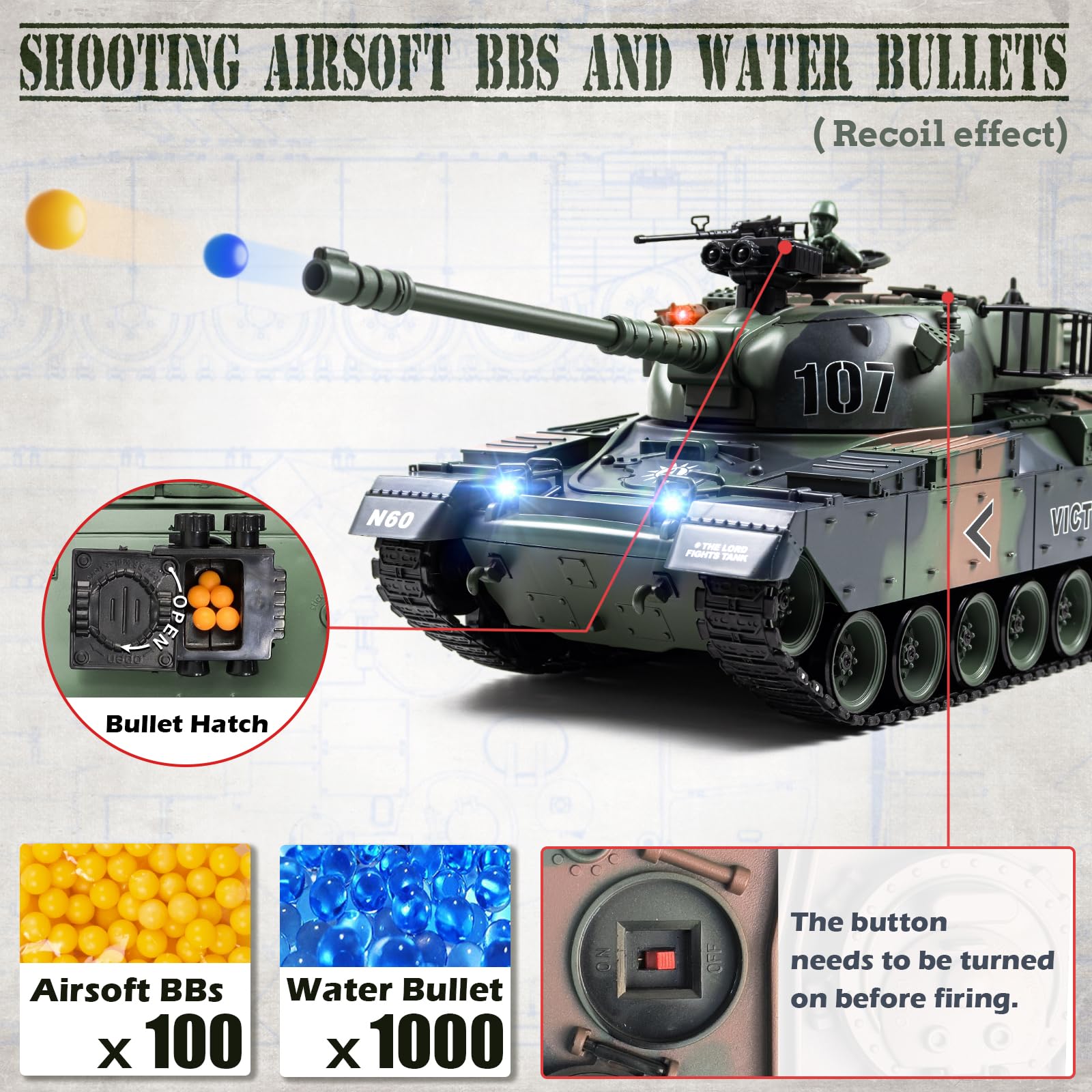 1:18 Scale RC Tank - 2.4Ghz Remote Control M60 Military Tank Toy with Smoke, Light & Sound Effects | 15-Channel Battle Tank with BBS & Water Bomb Launcher | Army Toy for Adults & Kids | Perfect for Outdoor Play, Battle Simulation & Collecting