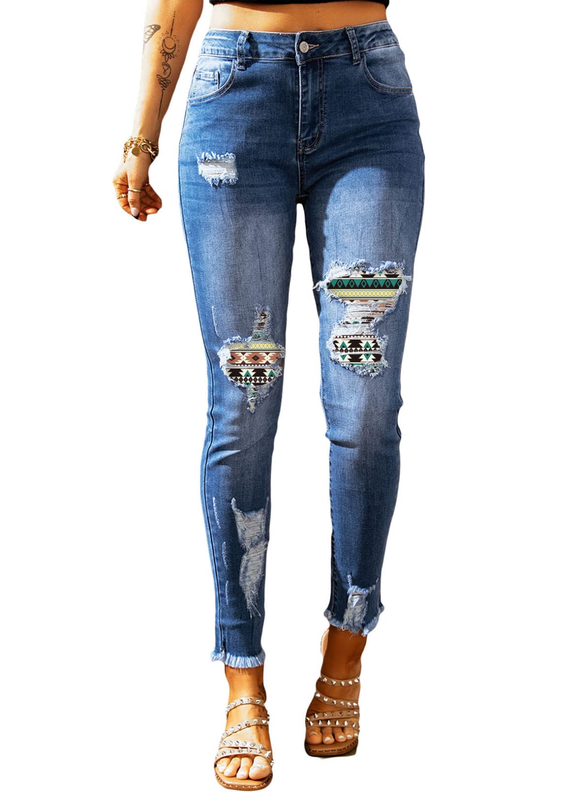 EVALESS Women's High Rise Ripped Skinny Jeans - Slim Fit Boyfriend Jeans with Raw Hem & Stretch Denim | Perfect for Casual Wear, Date Nights & Street Style Fashion