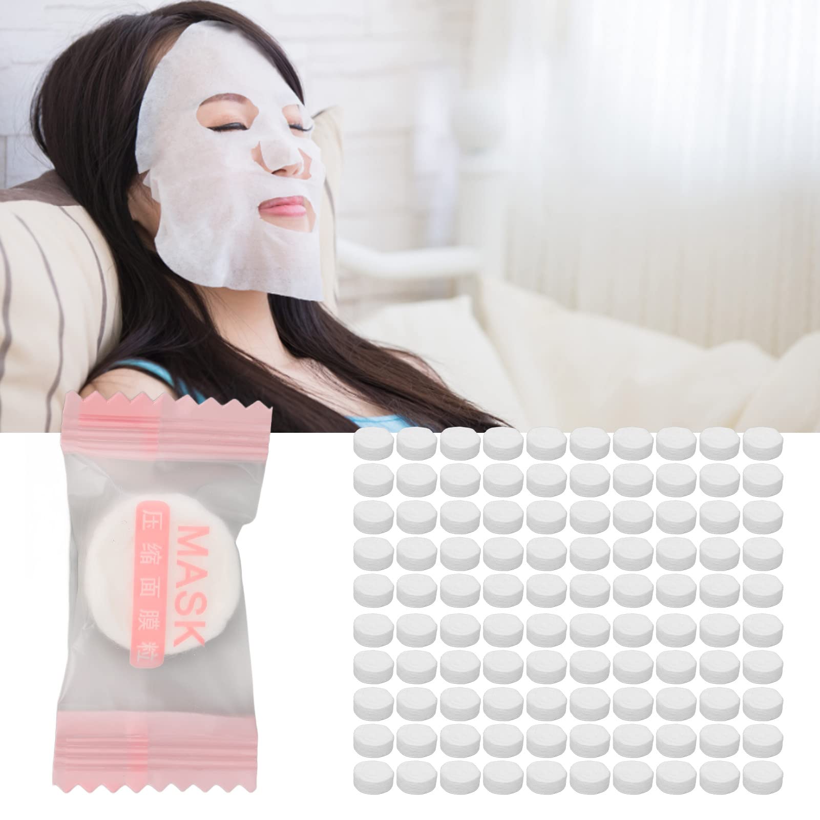 100pcs Compressed Facial Mask Sheets - DIY Disposable Cotton Paper Face Masks for Hydration & Skin Care | Includes Mask Bowl, Brushes & Hair Band | Perfect for Home Spa, Beauty Salon & Self-Care Routine