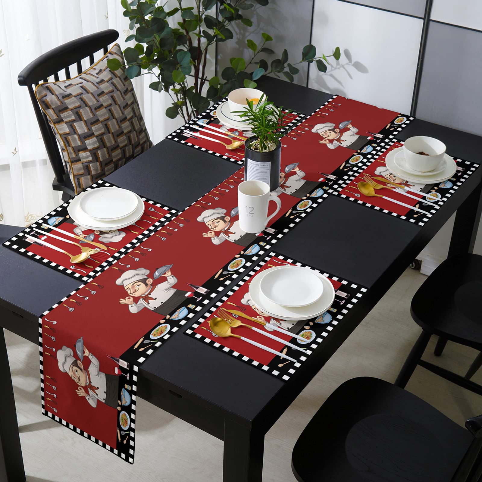 Fat Chef Table Runner and Placemats Set of 4 - Farmhouse Burlap Kitchen Decor for Party, Wedding & Dining - Chef-Themed Place Settings for Home, Restaurant & Holiday Gatherings
