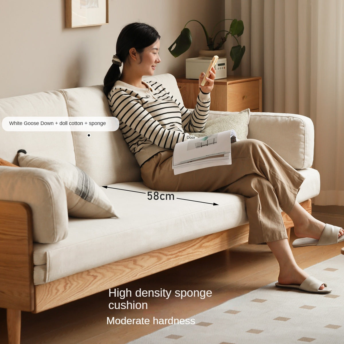 Oak Solid Wood Sofa Bed with Folding White Goose Feather Cushions - Convertible Sleeper for Small Spaces & Guest Rooms