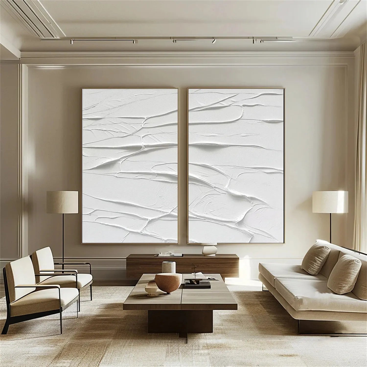 White Minimalist Textured Paintings Canvas Set of 2 - Modern Abstract Wall Art for Living Room & Bedroom Decor #MM273