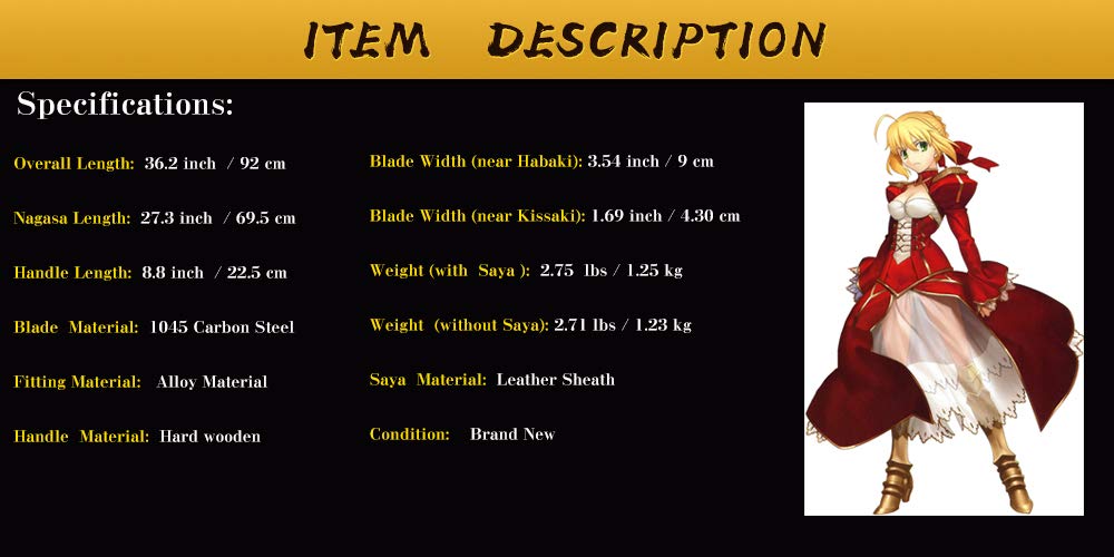 Fate/Extra Last Encore Saber Nero Claudius Cosplay Sword - Aestus Estus Replica Carbon Steel Anime Game Prop for Cosplay, Collection & Display