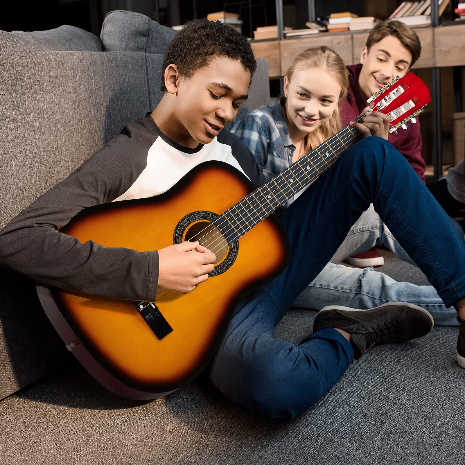 Moukey 38 Inch Acoustic Guitar for Beginners - Full Size Dreadnought Guitar Kit with Gig Bag, Tuner, Picks, Capo & Strap - Ideal for Kids, Youth & Adults - Perfect for Home Practice, Camping & Music Lessons (Sunburst)