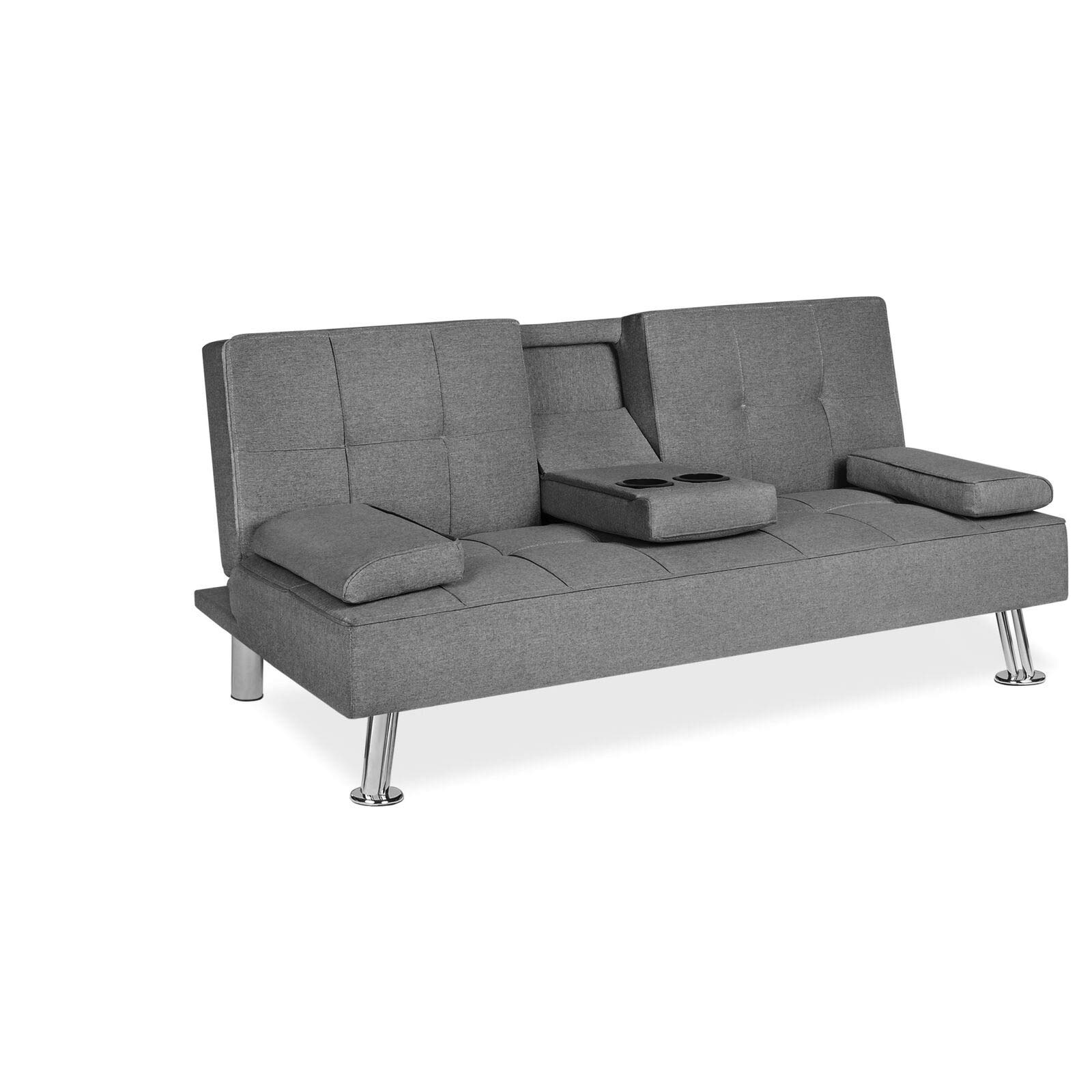 Grey Linen Convertible Futon Sofa Bed with Cup Holder - Recliner Lounger Sleeper for Living Room, Bedroom & Small Spaces | Space-Saving Modern Furniture for Apartments & Studios | Multi-Functional Home Décor for Relaxing & Hosting Guests