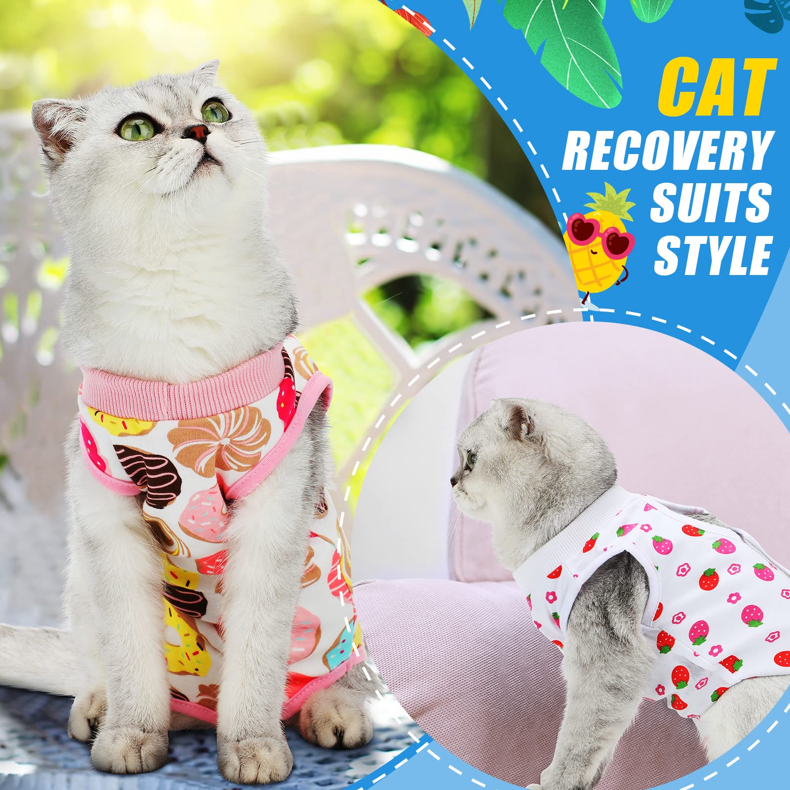4 Pack Cat Recovery Suits - Breathable Post-Surgery Body Wraps for Cats & Small Dogs - Soft Abdominal Weaning Clothes (Banana, Football, Strawberry, Donut) - Perfect for Spay/Neuter Recovery & Wound Protection