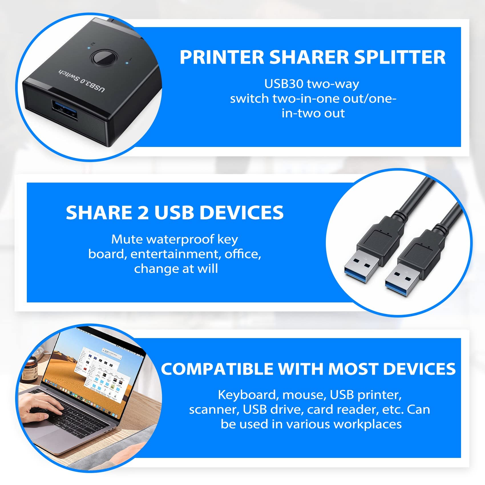 Tsadeer USB 3.0 KVM Switch - 2 Port USB Hub for Sharing Keyboard, Mouse & Printer Between 2 Computers | Ideal for Home Office & Gaming Setup | PC Peripheral Sharing Solution