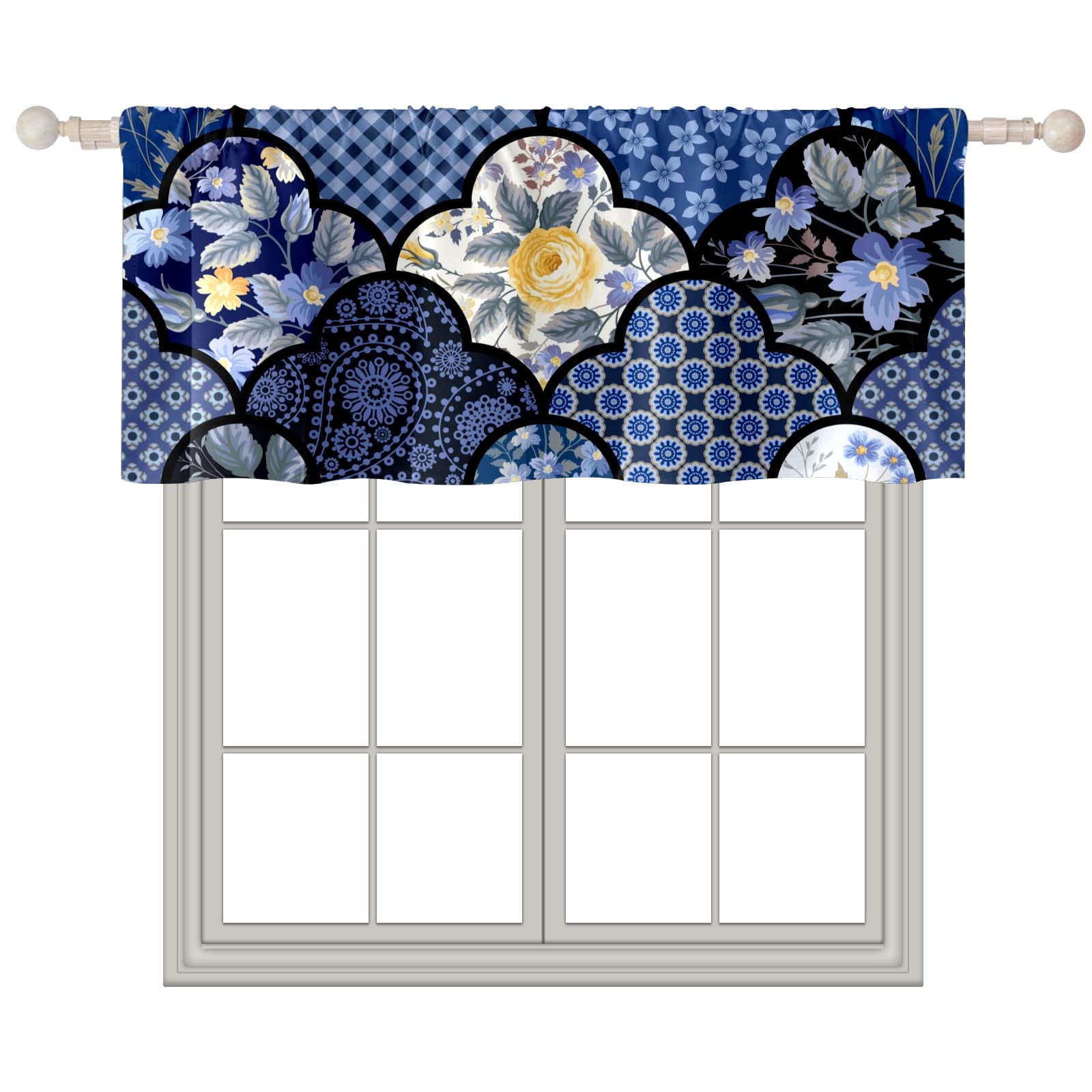 24x52 Inch Bohemian Blue Pattern Curtain Valances - Rod Pocket Window Toppers for Living Room, Bedroom & Kitchen - Light Filtering Short Window Treatments for Home Decor