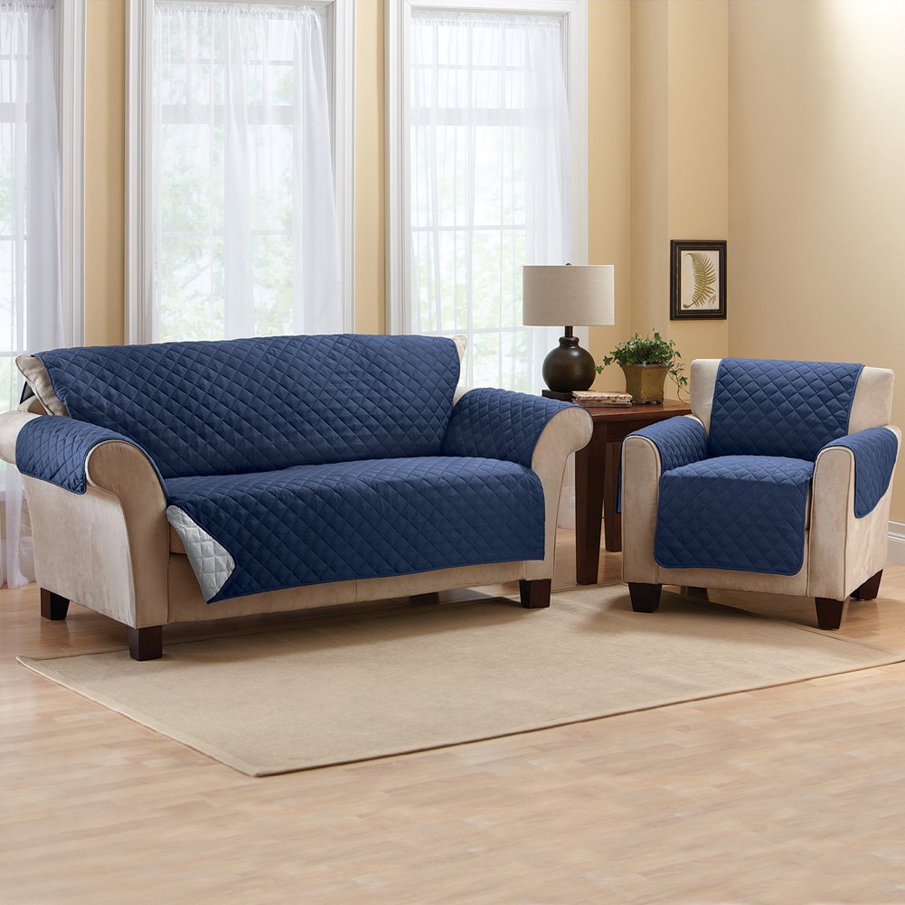 Reversible Quilted Recliner Cover Protector - Navy & Silver - Soft Furniture Protector for Sofa, Chair, Loveseat - Home Decor & Pet Protection