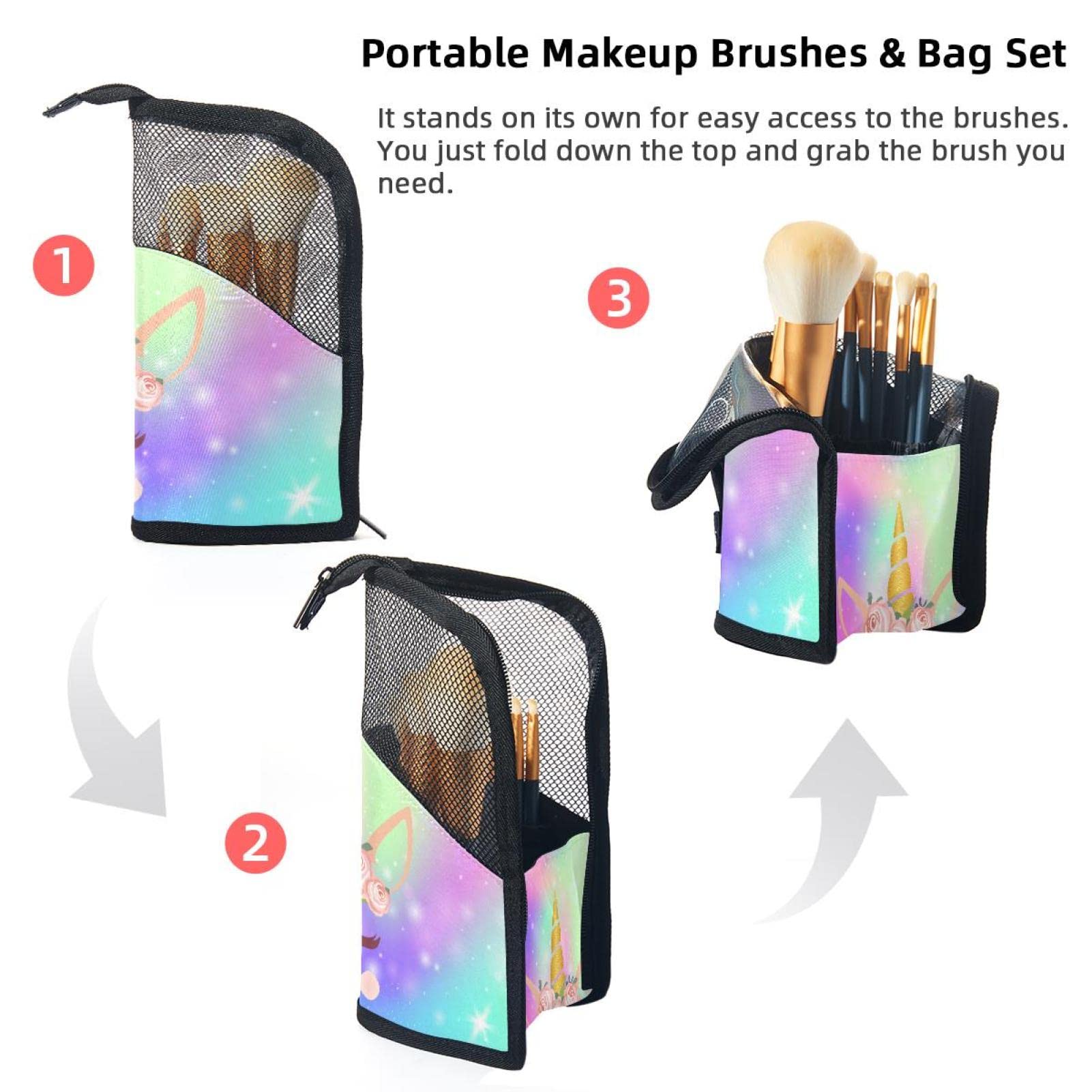 Portable Makeup Brush Organizer Bag with 12 Slots - Cartoon Unicorn Head Flower Design - Travel Cosmetic Brush Holder Case for Professional Makeup Artists & Beginners - Perfect for Home, Travel, and Salon Use
