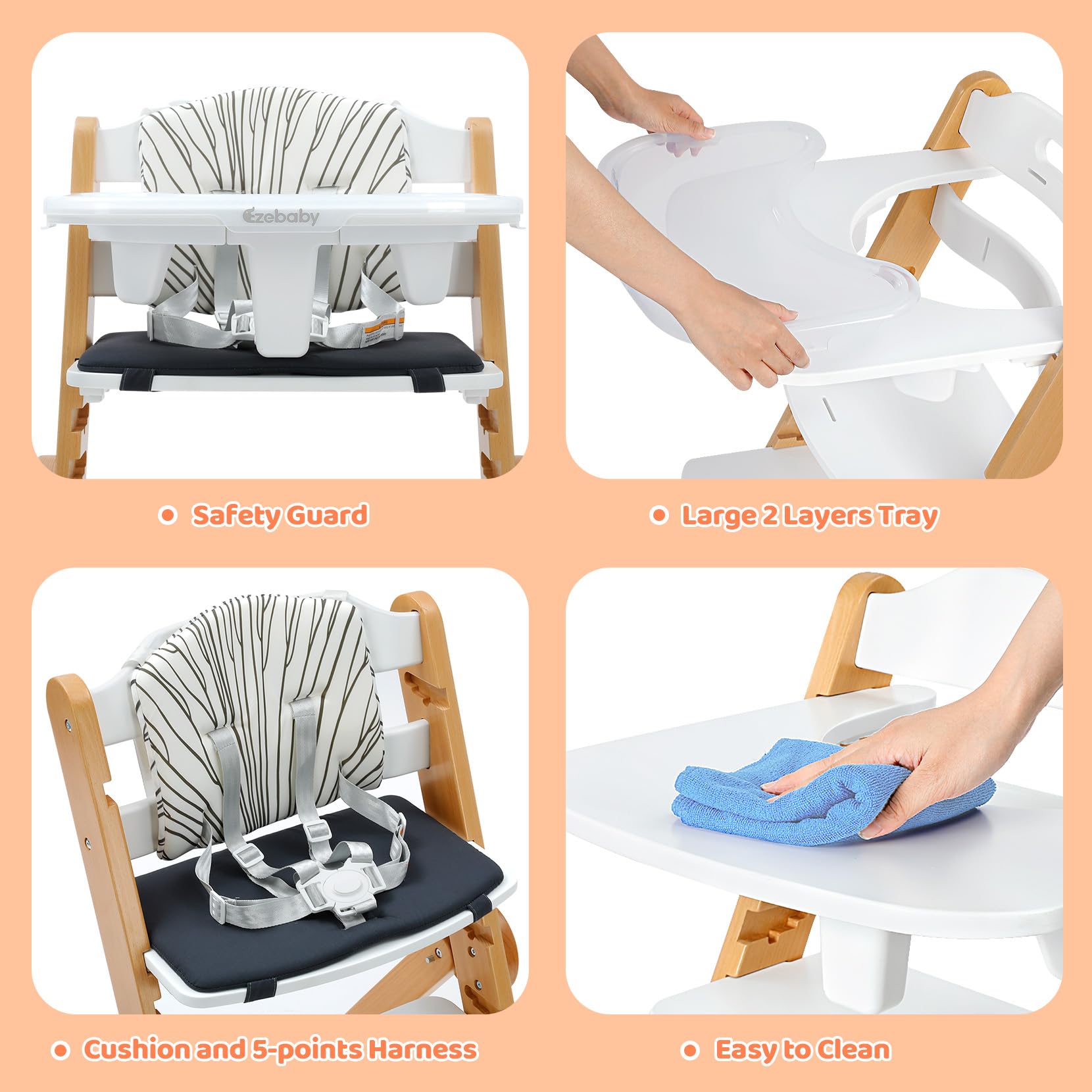 Ezebaby Adjustable Wooden High Chair for Babies & Toddlers - Foldable, Convertible with Cushion & Double Layer Tray - White - Perfect for Dining, Feeding & Learning at Home