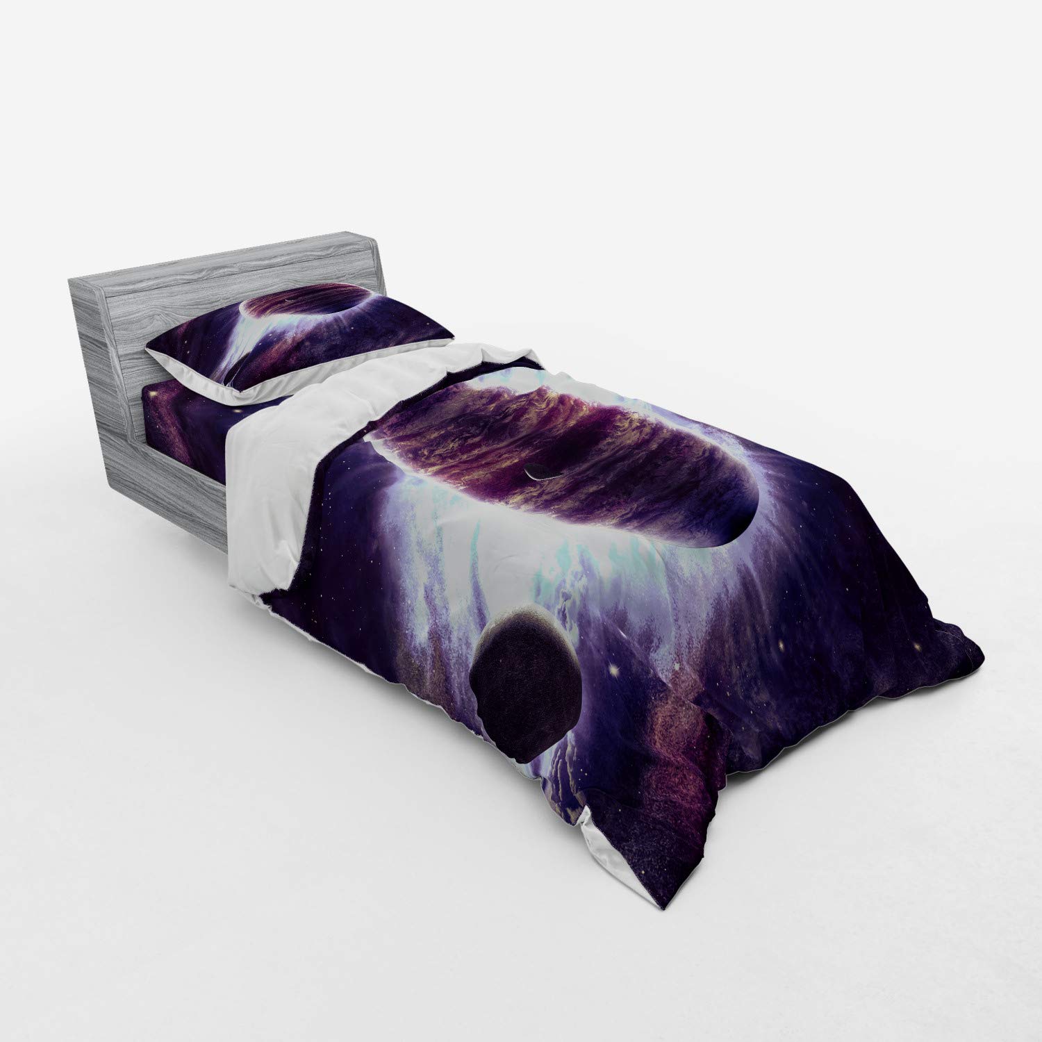 Ambesonne Galaxy Bedding Set - 3 Piece Duvet Cover with Sham & Fitted Sheet, Twin XL, Outer Space Theme with Planets Saturn Mars Neptune, Science Fiction Solar System Art Print, Mauve Purple - Perfect for Kids Room, Teen Bedroom & Sci-Fi Lovers Decor