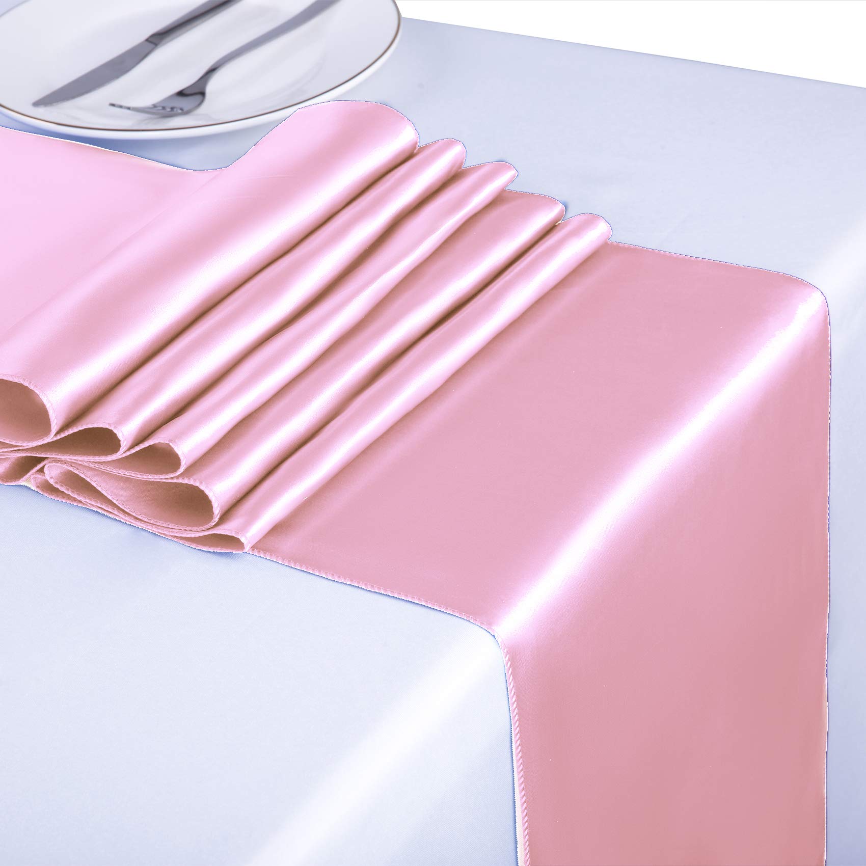 Premium Satin Table Runners 12 Pack - 12x108 Inch Rectangular & Round Table Decor for Weddings, Parties, Events - Elegant Pink Tablecloth Runner Set with Chair Sashes (12 Pieces) - Perfect for Banquets, Bridal Showers & Holiday Decorations
