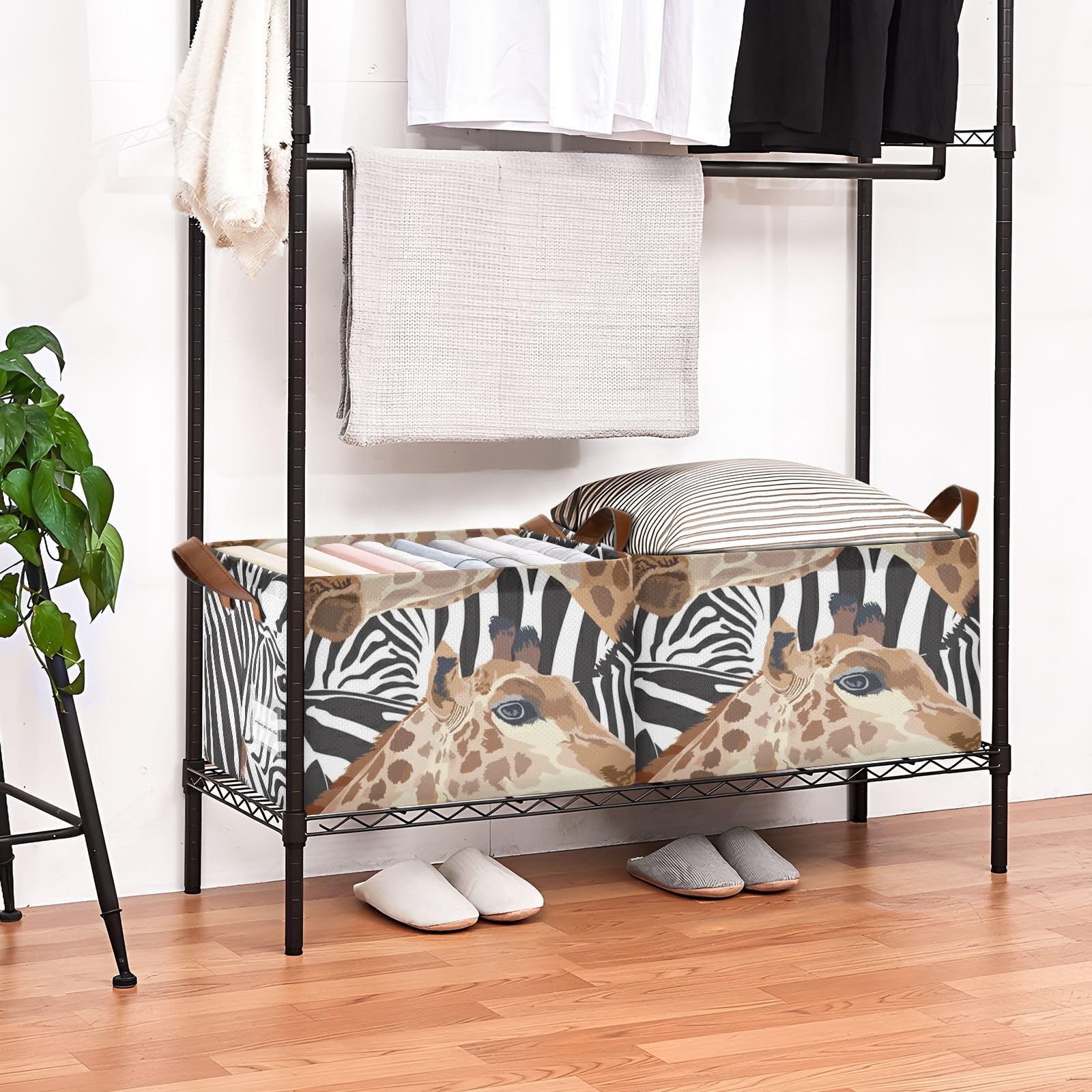 Large Fabric Storage Baskets with Handles - 2 Pack Giraffe Print Cube Organizer for Shelves, Cupboards & Drawers | Perfect for Kids' Room, Nursery & Home Organization