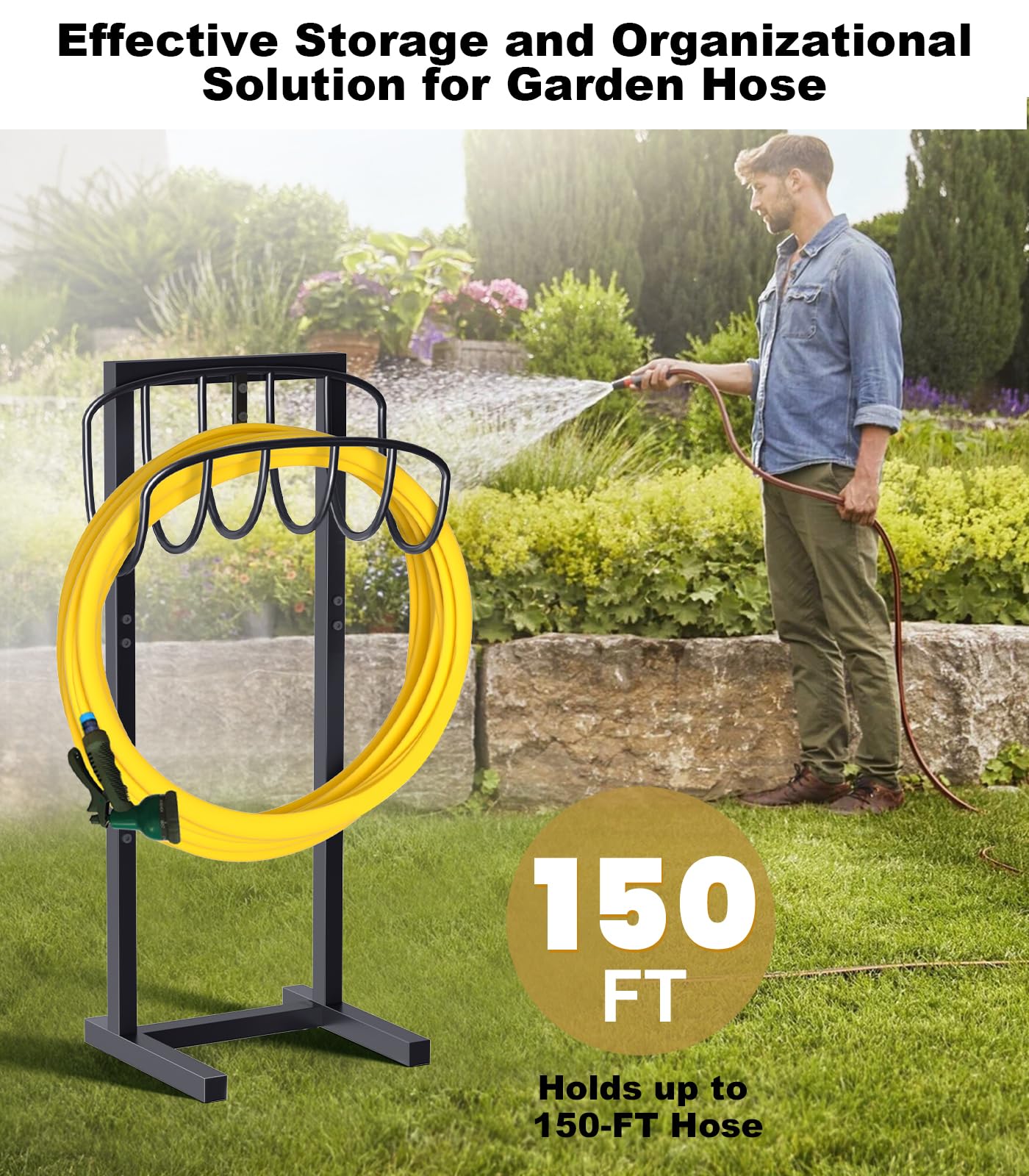 Heavy Duty Freestanding Metal Garden Hose Holder with 4 Ground Spikes - 150ft Hose Reel Stand Organizer for Lawn, Yard & Outdoor Watering - Durable Black Storage Rack (Perfect for Backyard, Garden, Patio & Garage Storage)
