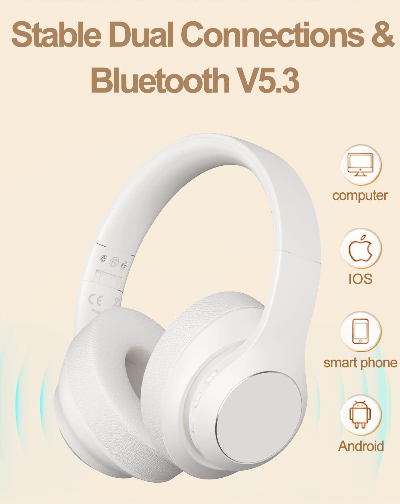 Wireless Bluetooth Over-Ear Headphones with Microphone - 40H Playtime, HiFi Stereo Sound, Foldable & Lightweight for Travel, Work, Gaming & Commuting (White)