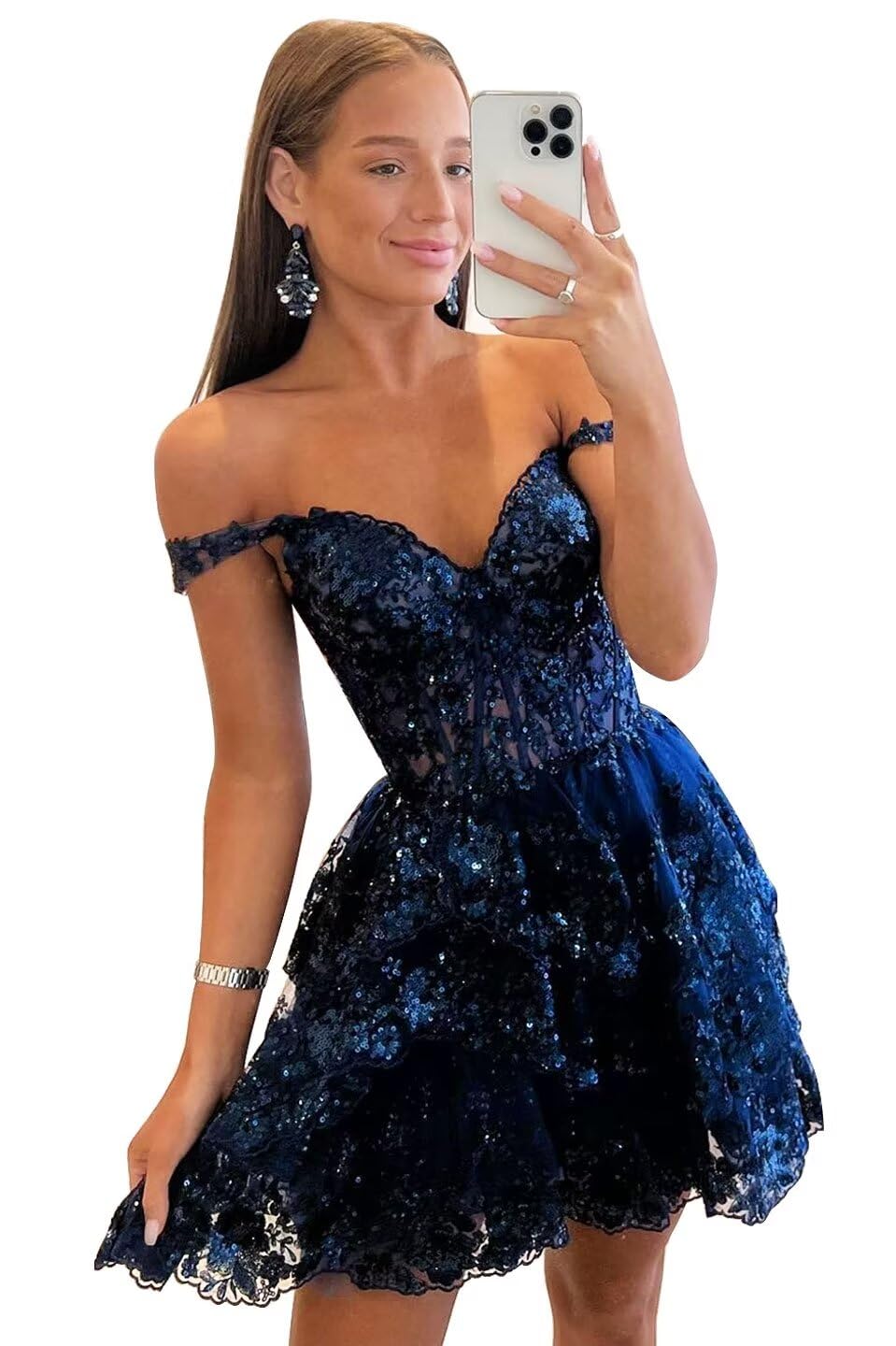 Sparkly Sequin Off Shoulder Short Prom Dress 2024 for Teens - Navy Blue Tiered Lace Cocktail Party Gown - Homecoming Dance, Sweet 16, Quinceañera & Formal Events - US Size 0