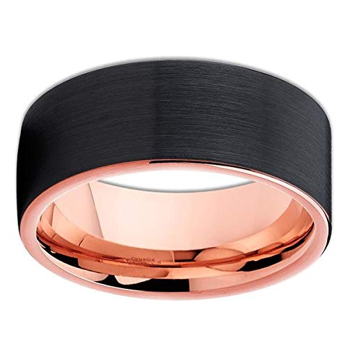 Rose Gold Tungsten Wedding Band for Men & Women - 8mm Black Tungsten Ring with 18k Rose Gold Plating - Durable Engagement & Promise Ring for Everyday Wear