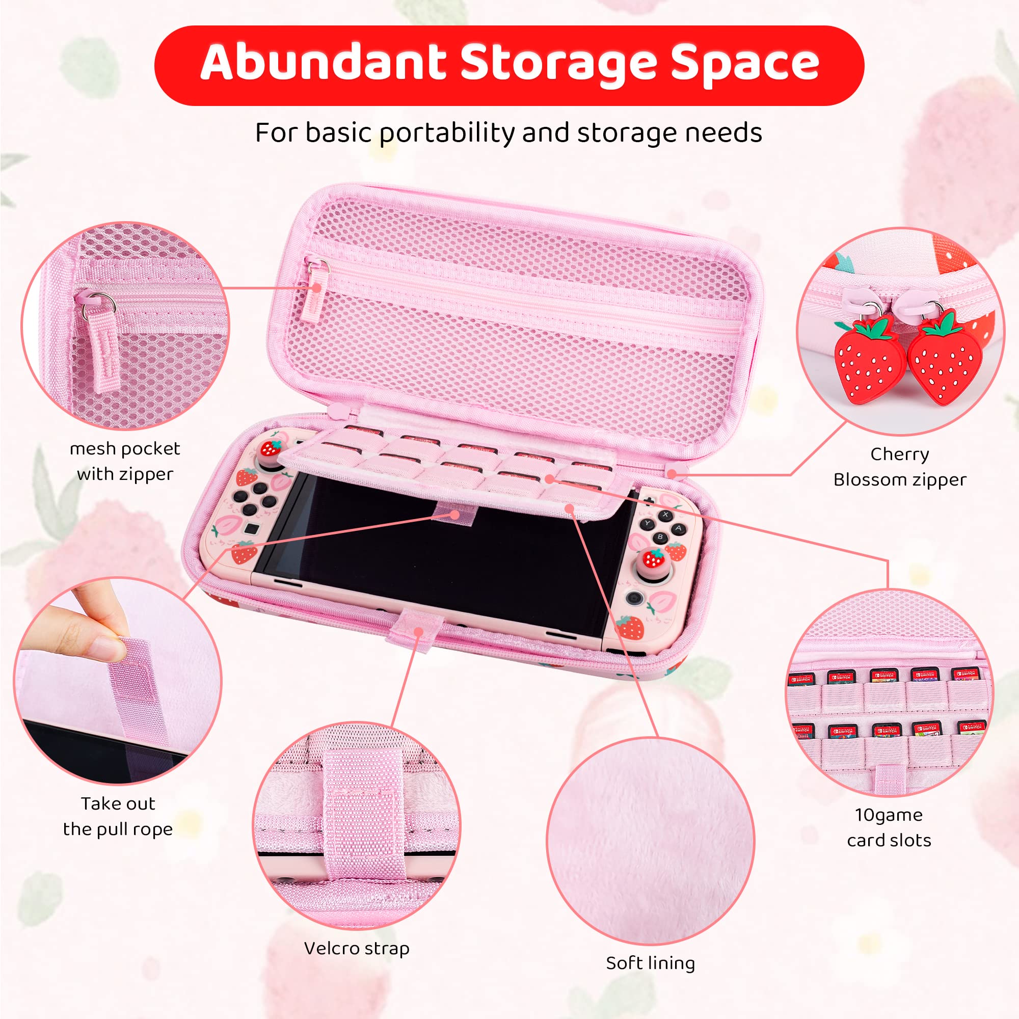 FUNDIARY Pink Nintendo Switch OLED Travel Carrying Case with Strawberry Design - Shockproof Hard Shell, Portable Storage Bag, Shoulder Strap, Screen Protector & 2 Thumb Grips - Perfect for Gaming on the Go, Travel Protection & Console Storage