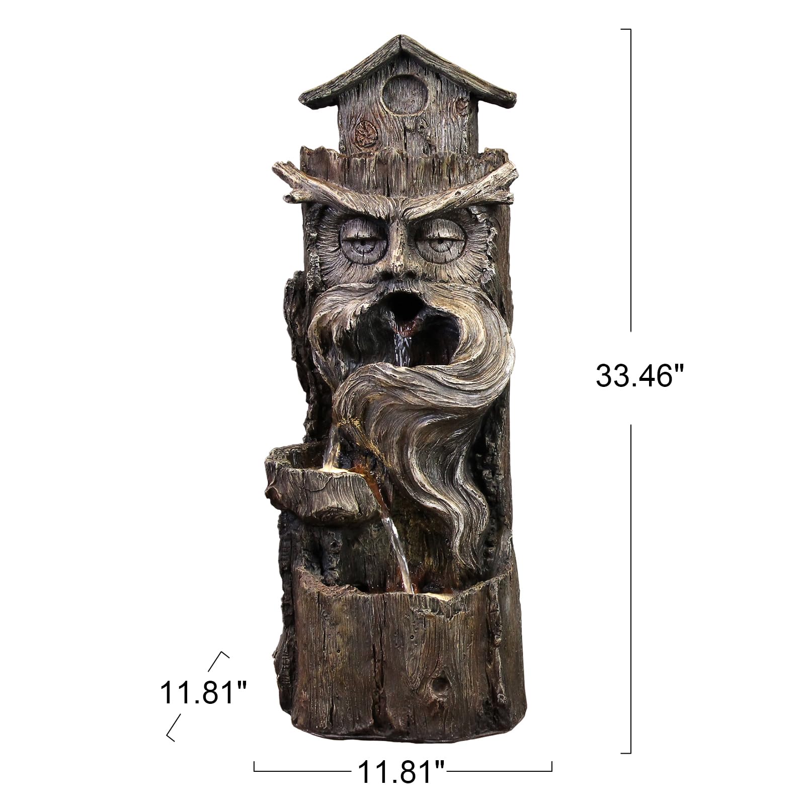YZM 3-Tier Outdoor Waterfall Fountain with LED Lights - 33.46 Inch Tall Tree Trunk Design for Patio, Porch, Backyard & Garden Decor | Relaxing Water Feature with Pump for Zen Atmosphere, Meditation Spaces & Landscape Enhancement