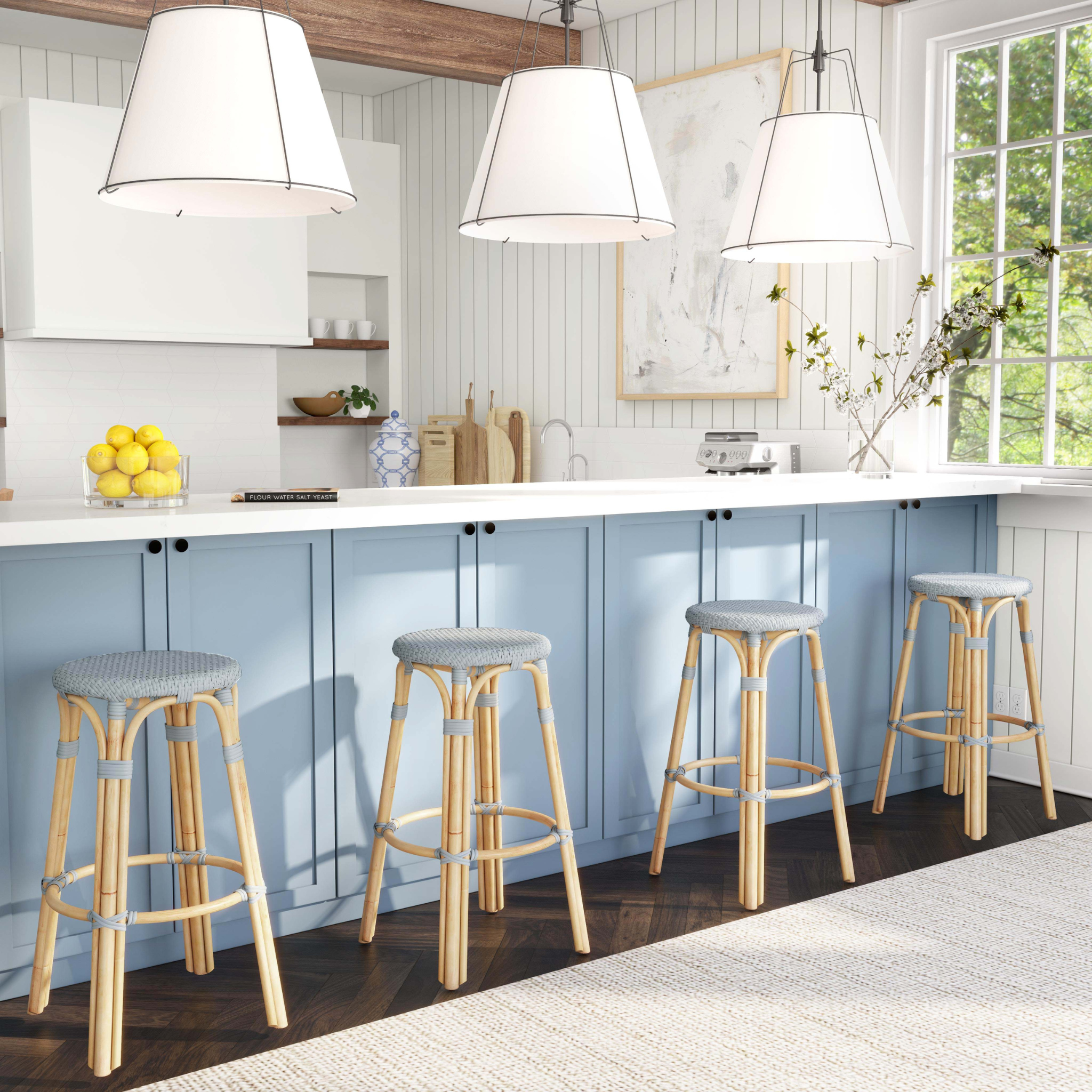 Stylish Baby Blue Rattan Bar Stool with Woven Seat - Perfect for Kitchen Islands, Breakfast Nooks & Outdoor Dining Areas