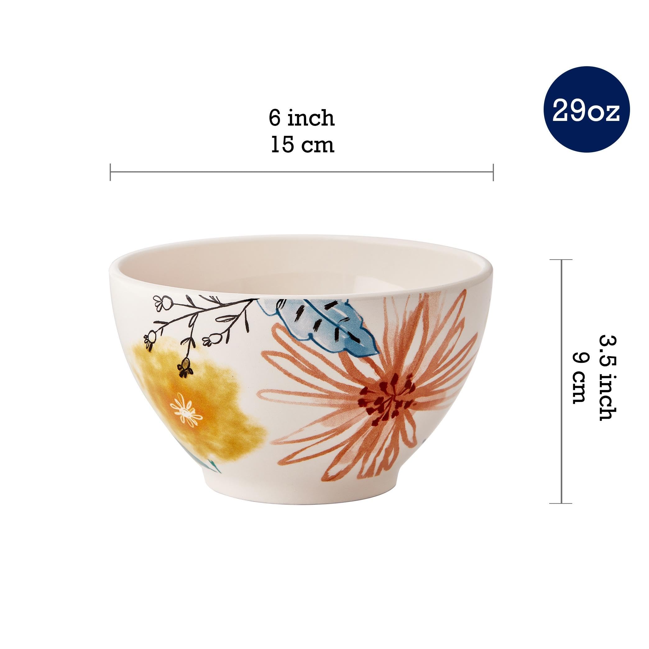 Bico Blossom Symphony 26oz Ceramic Bowls Set of 4 - Microwave & Dishwasher Safe Pasta, Salad, Cereal & Soup Bowls - Perfect for Family Dinners, Breakfast, and Entertaining Guests