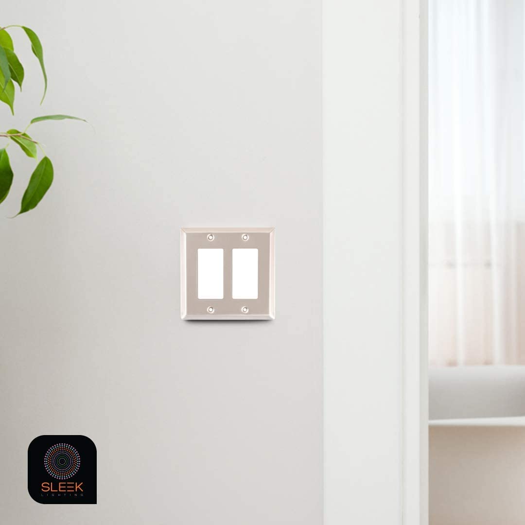 SLEEKLIGHTING Brushed Nickel Outlet Covers and Switch Plates - Decorative Wall Plate Light Switch Cover (2-Pack) - Variety of Styles: Decorator/Duplex/Toggle/2-Gang Combo - Perfect for Home, Office & Commercial Renovation