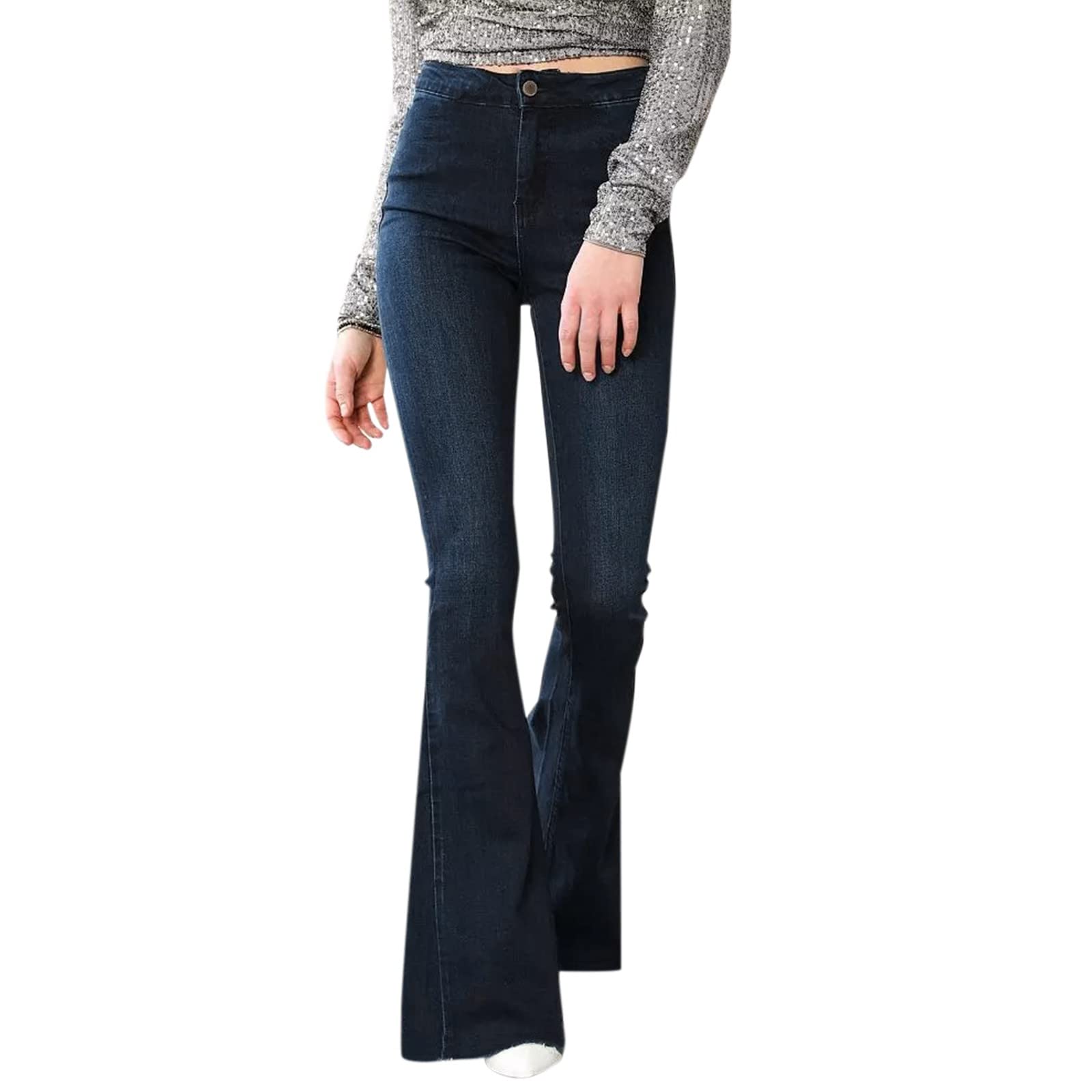 Women's High Waist Flare Jeans - Dark Blue Denim Trousers & Rompers | Comfortable Stretch Jumpsuit Pants for Casual Wear, Date Night & Office Outfits