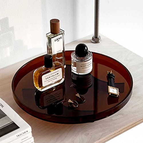 12 Inch Round Acrylic Decorative Tray with Stand - Modern Vanity Tray & Serving Tray for Ottoman, Coffee Table, Kitchen & Bathroom - Brown | Perfect for Home Decor, Jewelry Organizer & Entertaining Guests