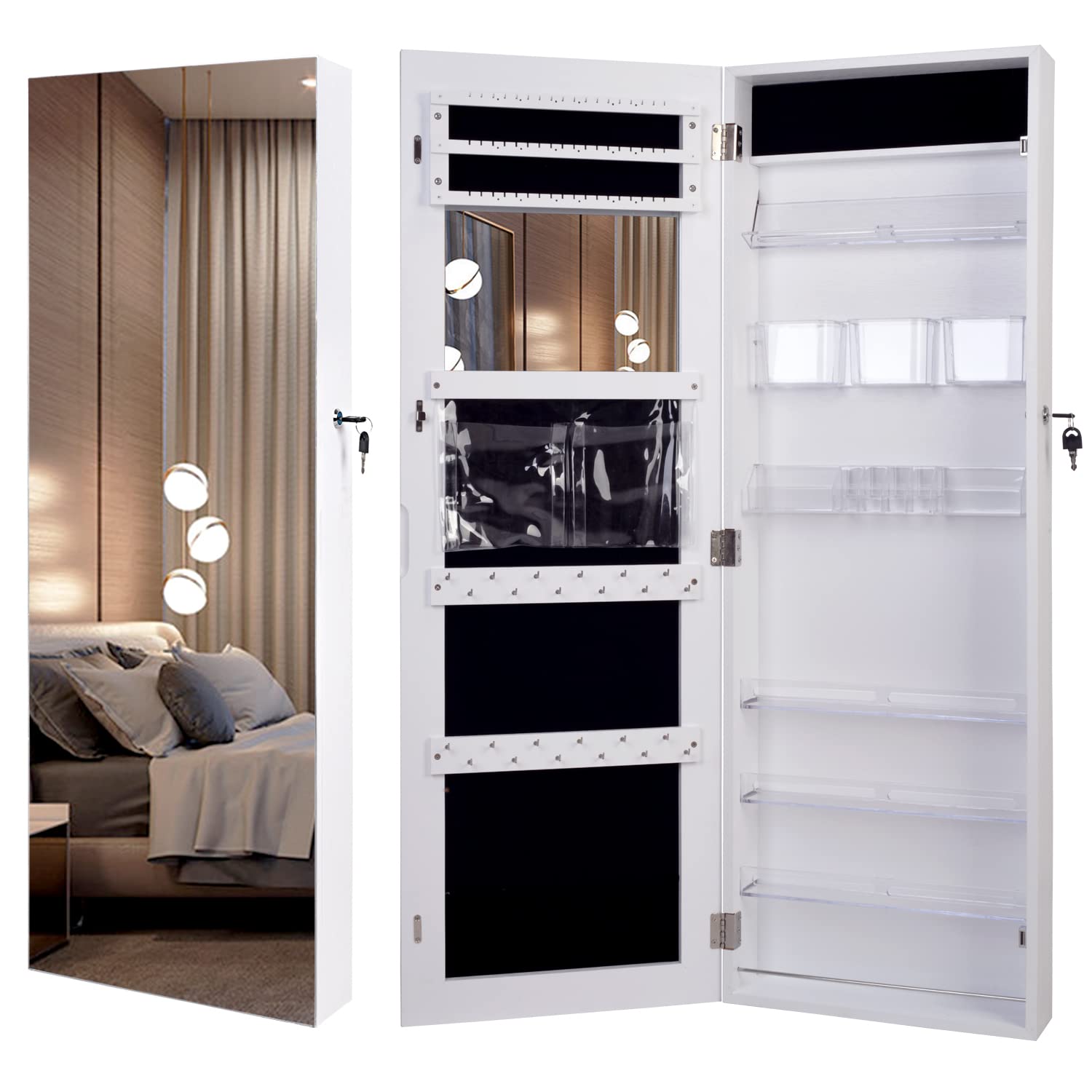 OUTDOOR DOIT Jewelry Cabinet with Full Length Mirror - Lockable Jewelry Organizer, Large Capacity Dressing Mirror for Bedroom & Closet - Hanging Mirror Jewelry Armoire (White 6181) - Perfect for Home Organization & Gift Giving